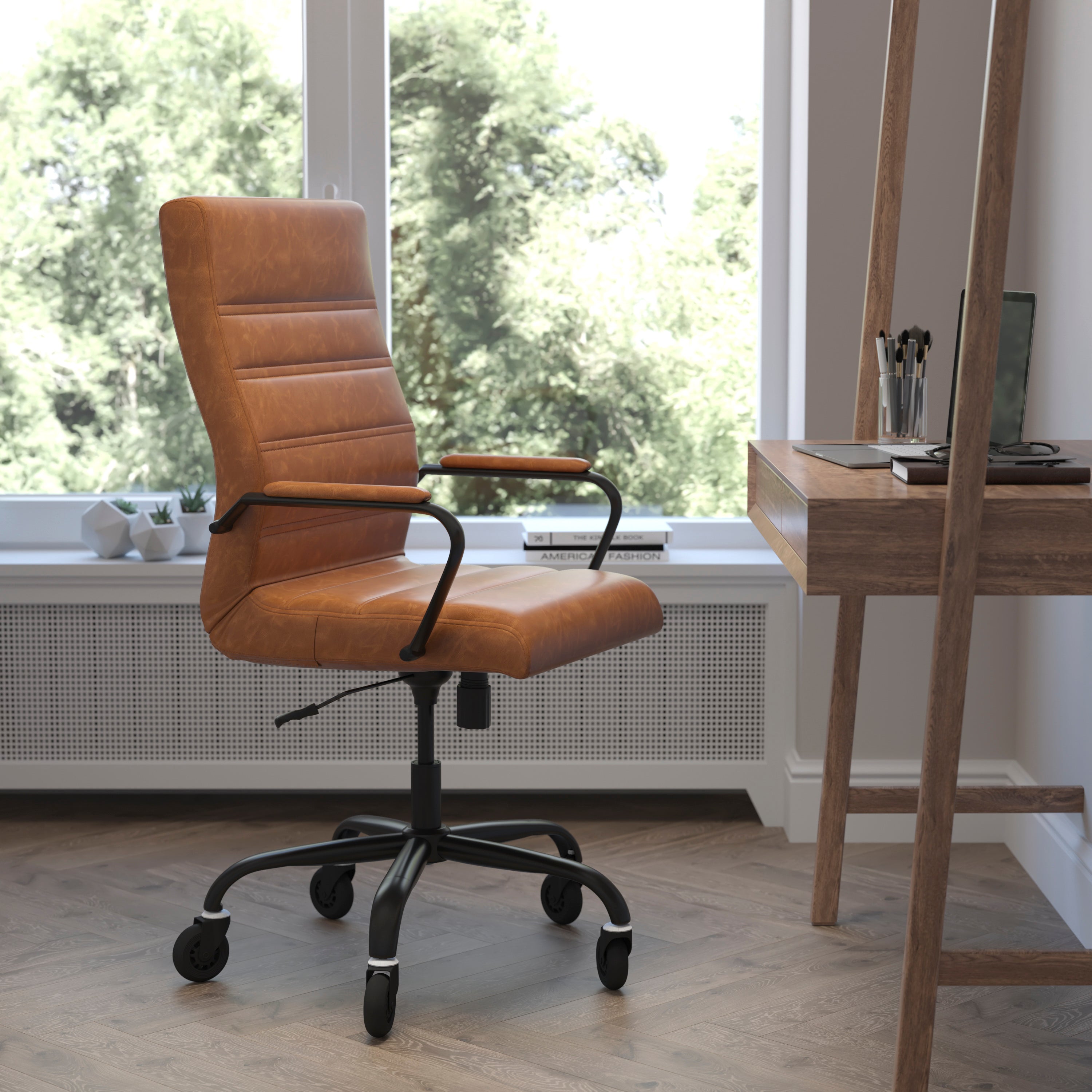 Whitney High Back Brown LeatherSoft Executive Swivel Office Chair with Black Frame, Arms, and Transparent Roller Wheels