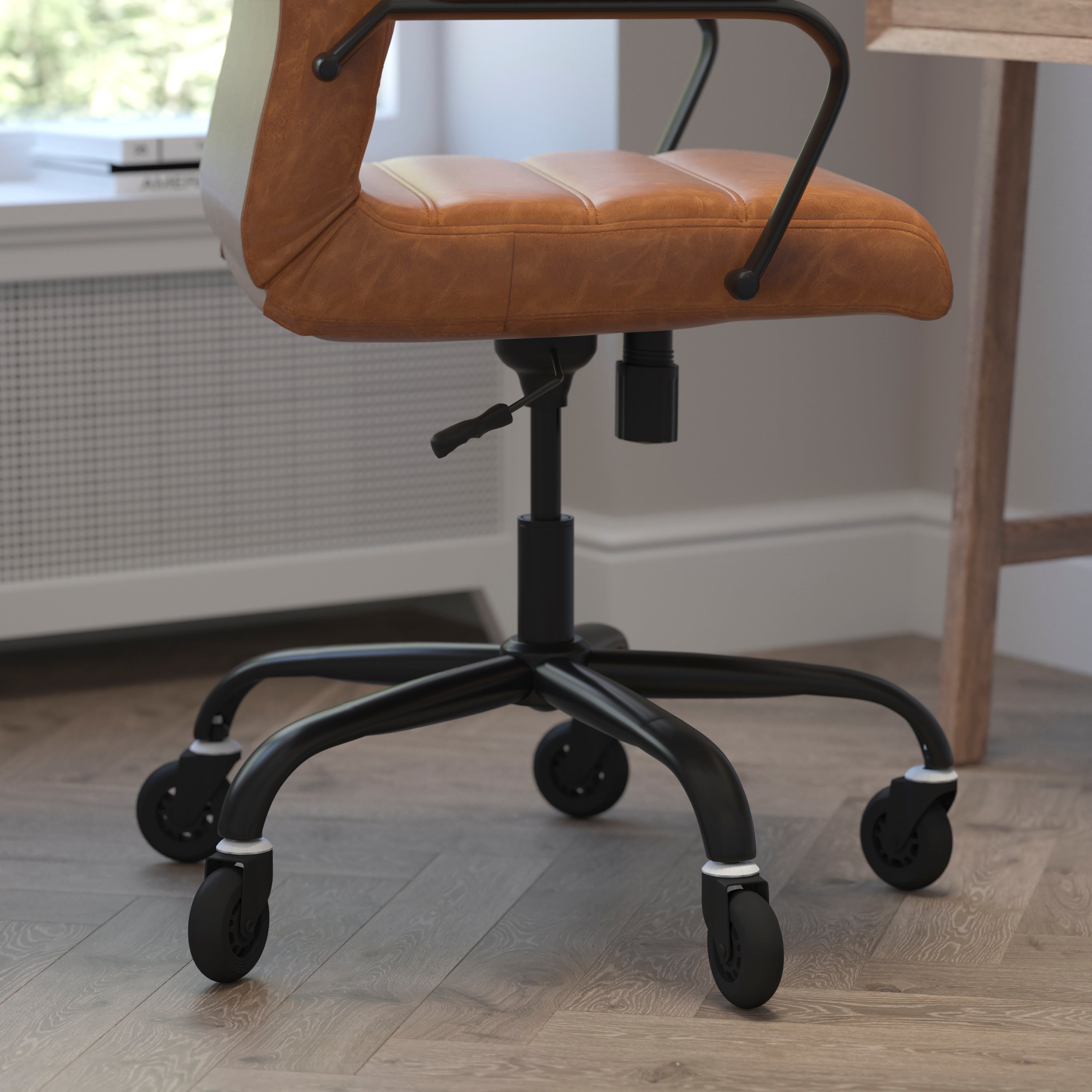 Whitney High Back Brown LeatherSoft Executive Swivel Office Chair with Black Frame, Arms, and Transparent Roller Wheels