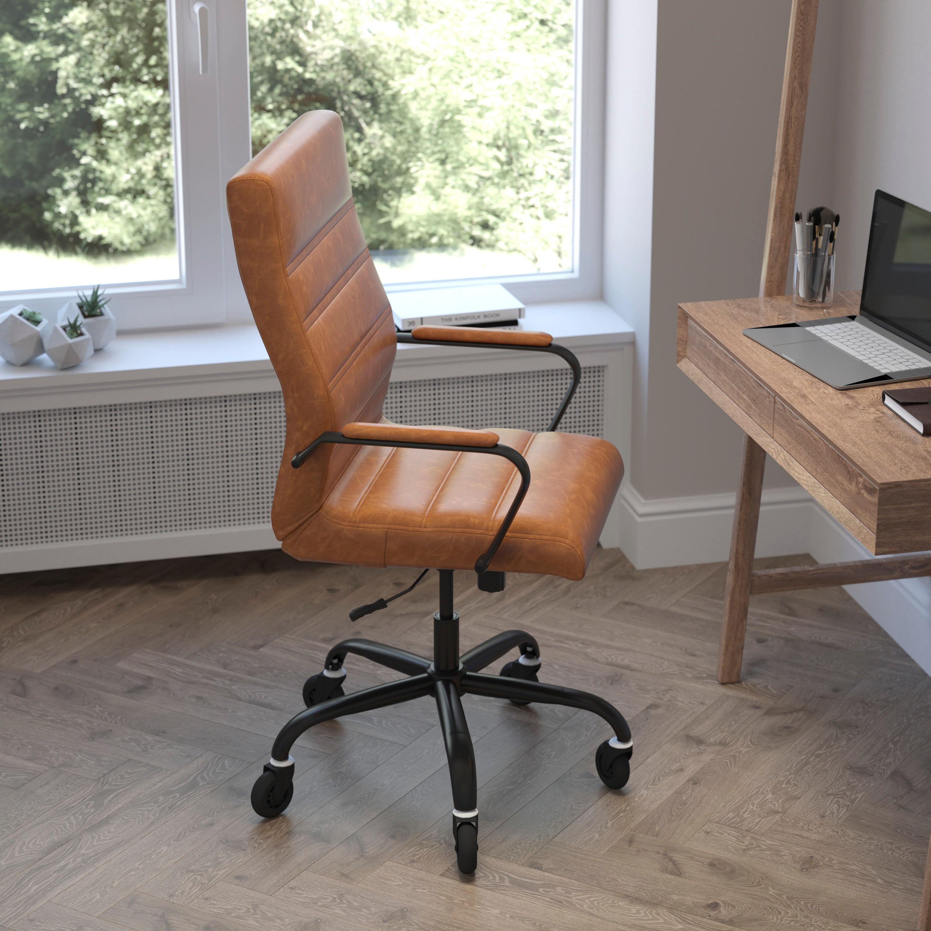 Whitney High Back Brown LeatherSoft Executive Swivel Office Chair with Black Frame, Arms, and Transparent Roller Wheels