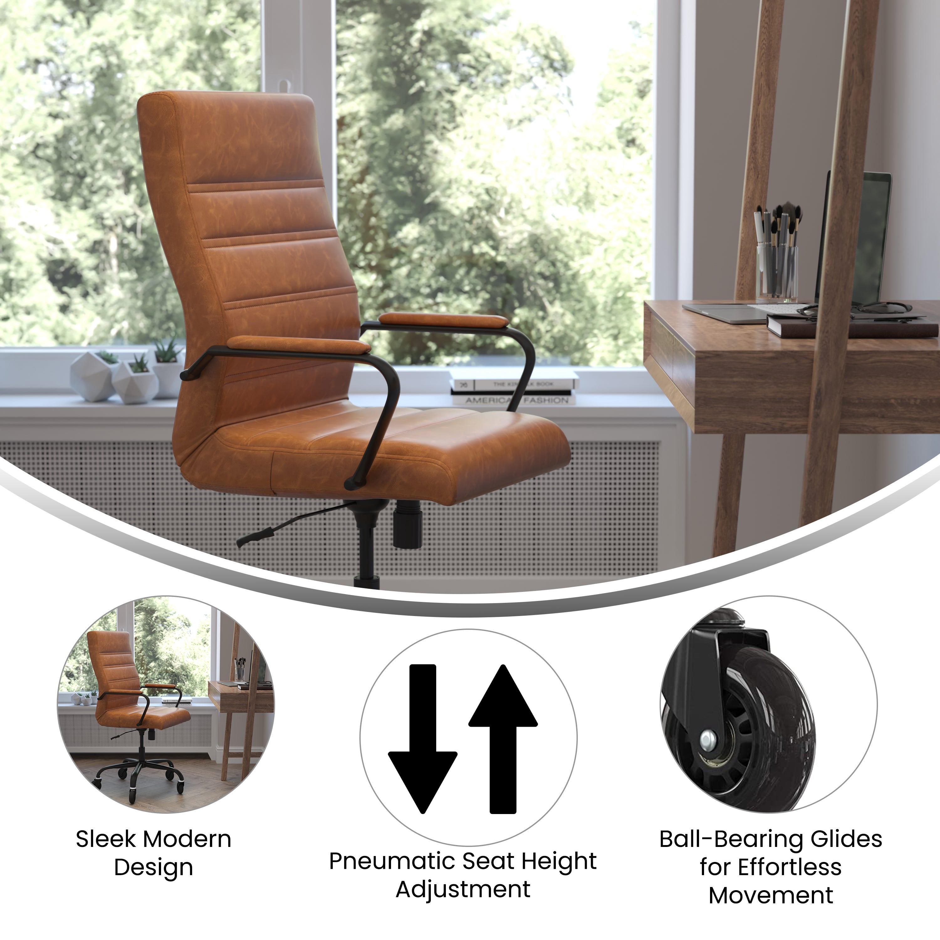 Whitney High Back Brown LeatherSoft Executive Swivel Office Chair with Black Frame, Arms, and Transparent Roller Wheels
