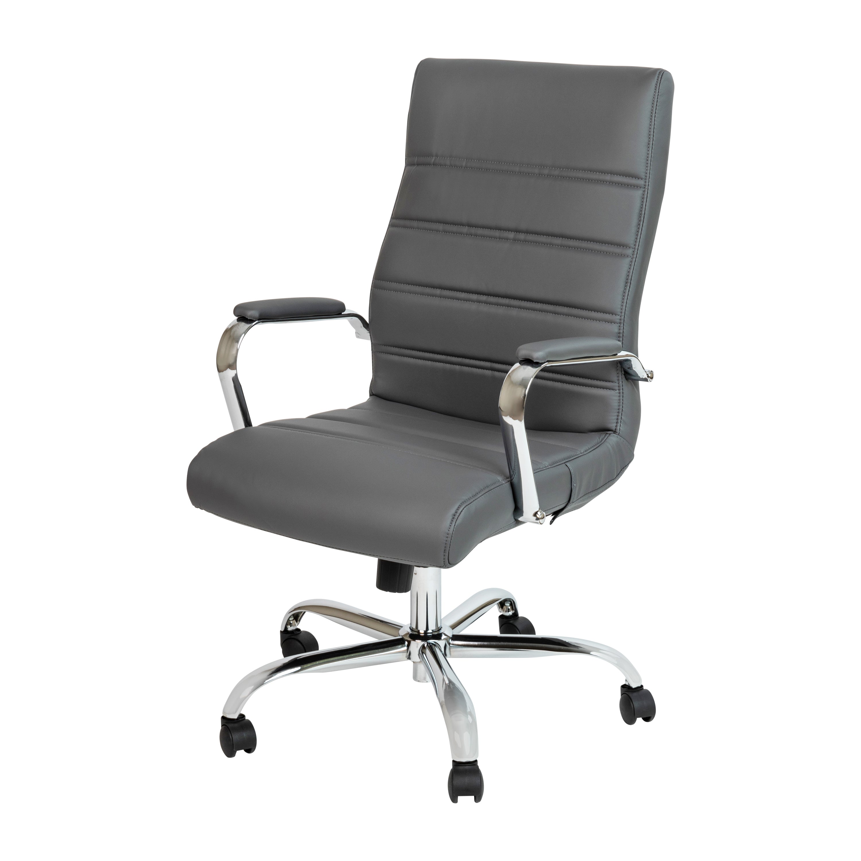 Whitney High Back Gray LeatherSoft Executive Swivel Office Chair with Chrome Frame and Arms