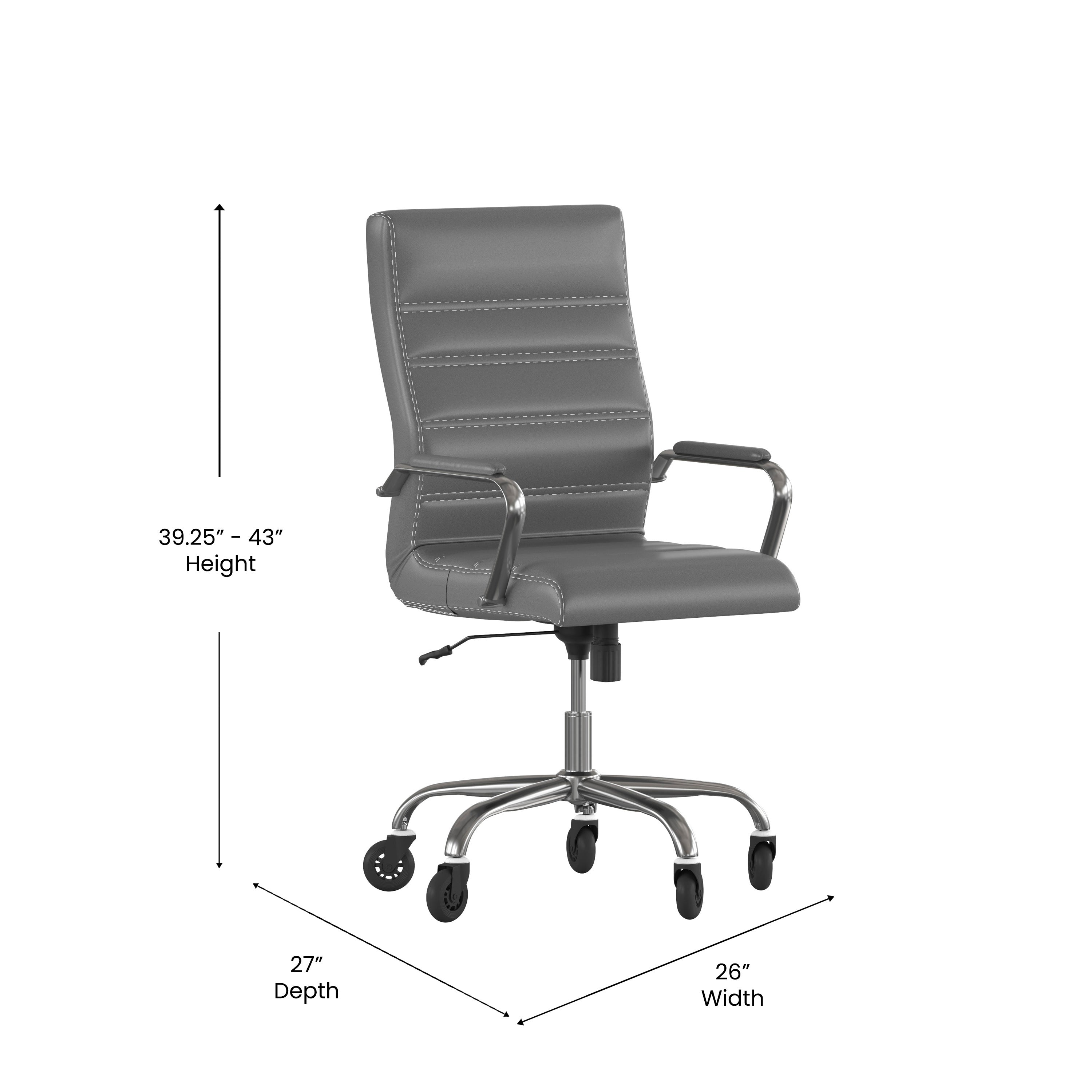 Whitney High Back Gray LeatherSoft Executive Swivel Office Chair with Chrome Frame, Arms, and Transparent Roller Wheels