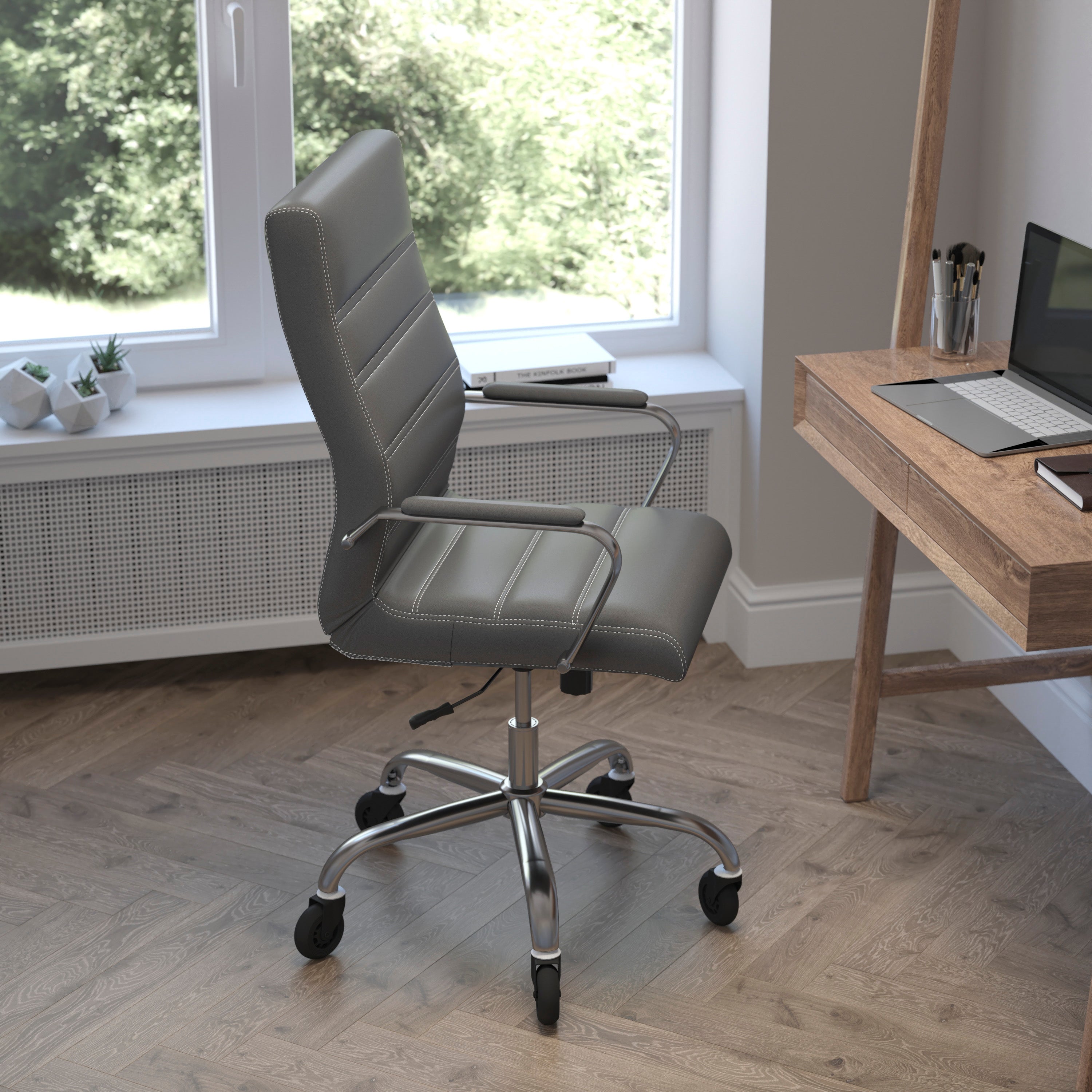 Whitney High Back Gray LeatherSoft Executive Swivel Office Chair with Chrome Frame, Arms, and Transparent Roller Wheels