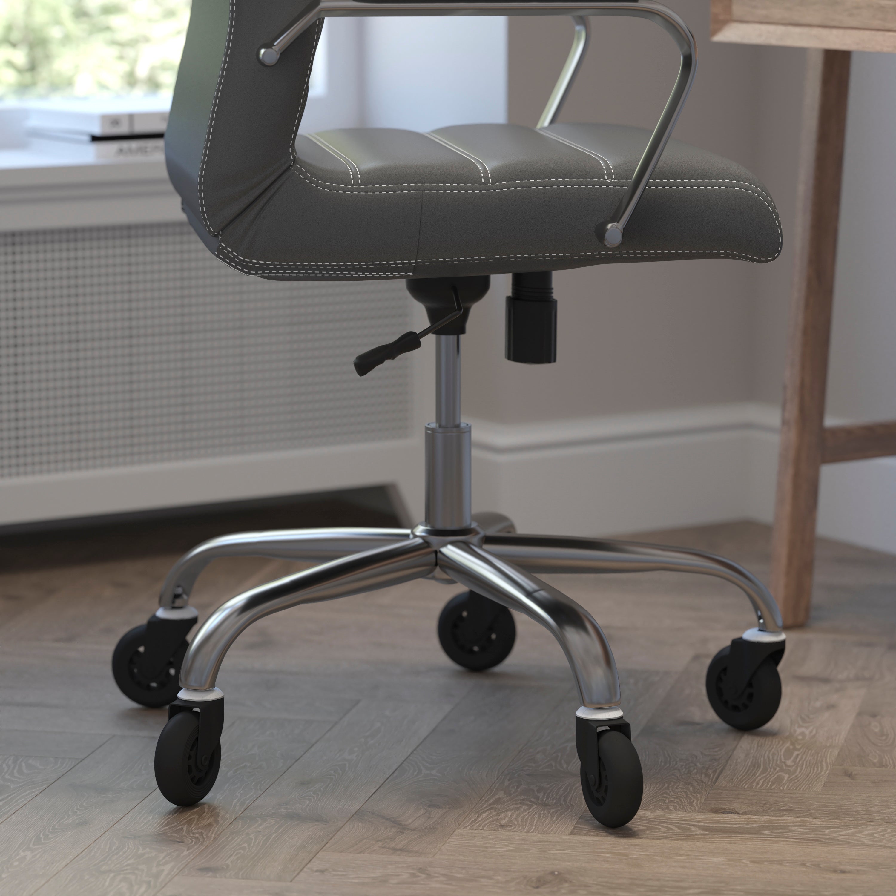 Whitney High Back Gray LeatherSoft Executive Swivel Office Chair with Chrome Frame, Arms, and Transparent Roller Wheels