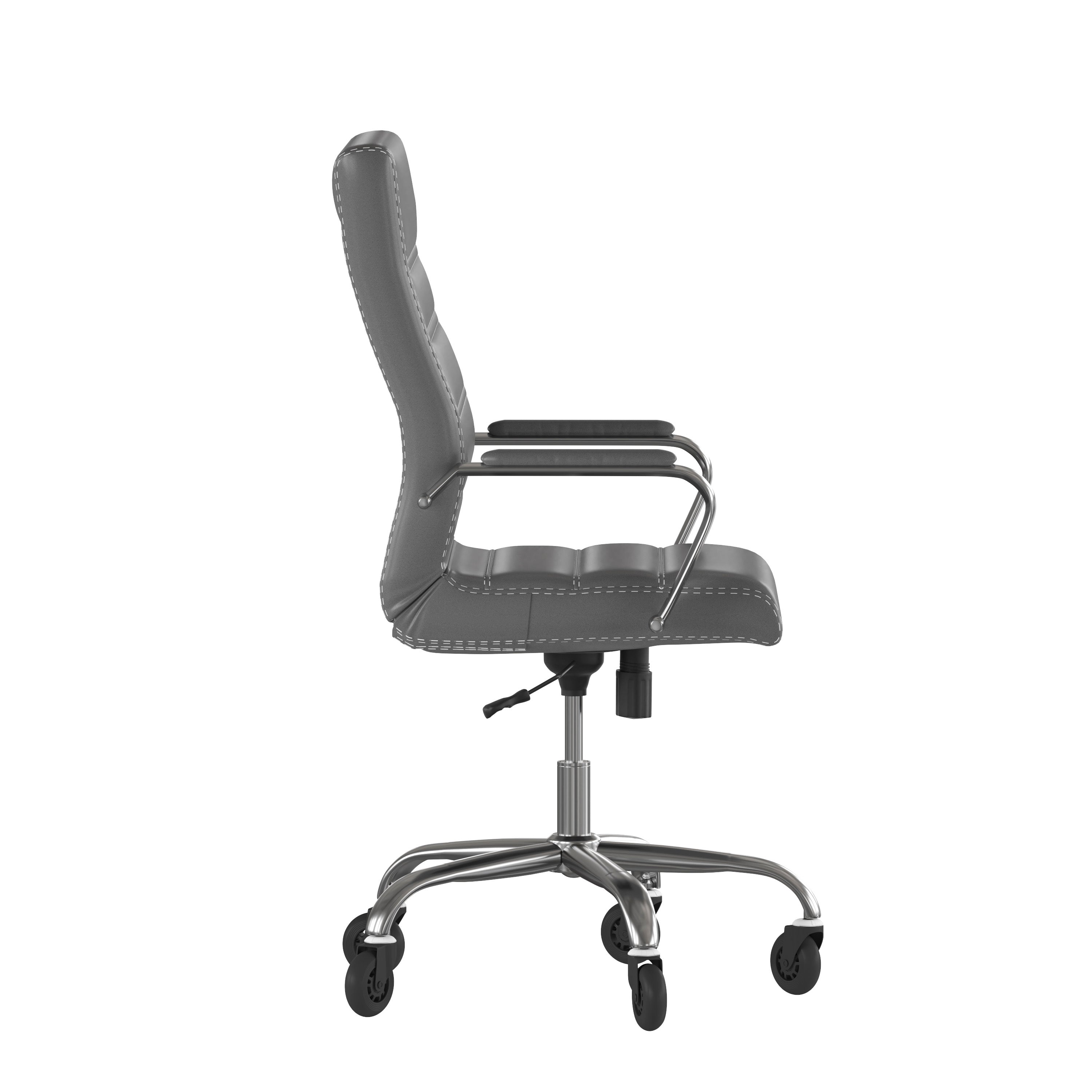 Whitney High Back Gray LeatherSoft Executive Swivel Office Chair with Chrome Frame, Arms, and Transparent Roller Wheels