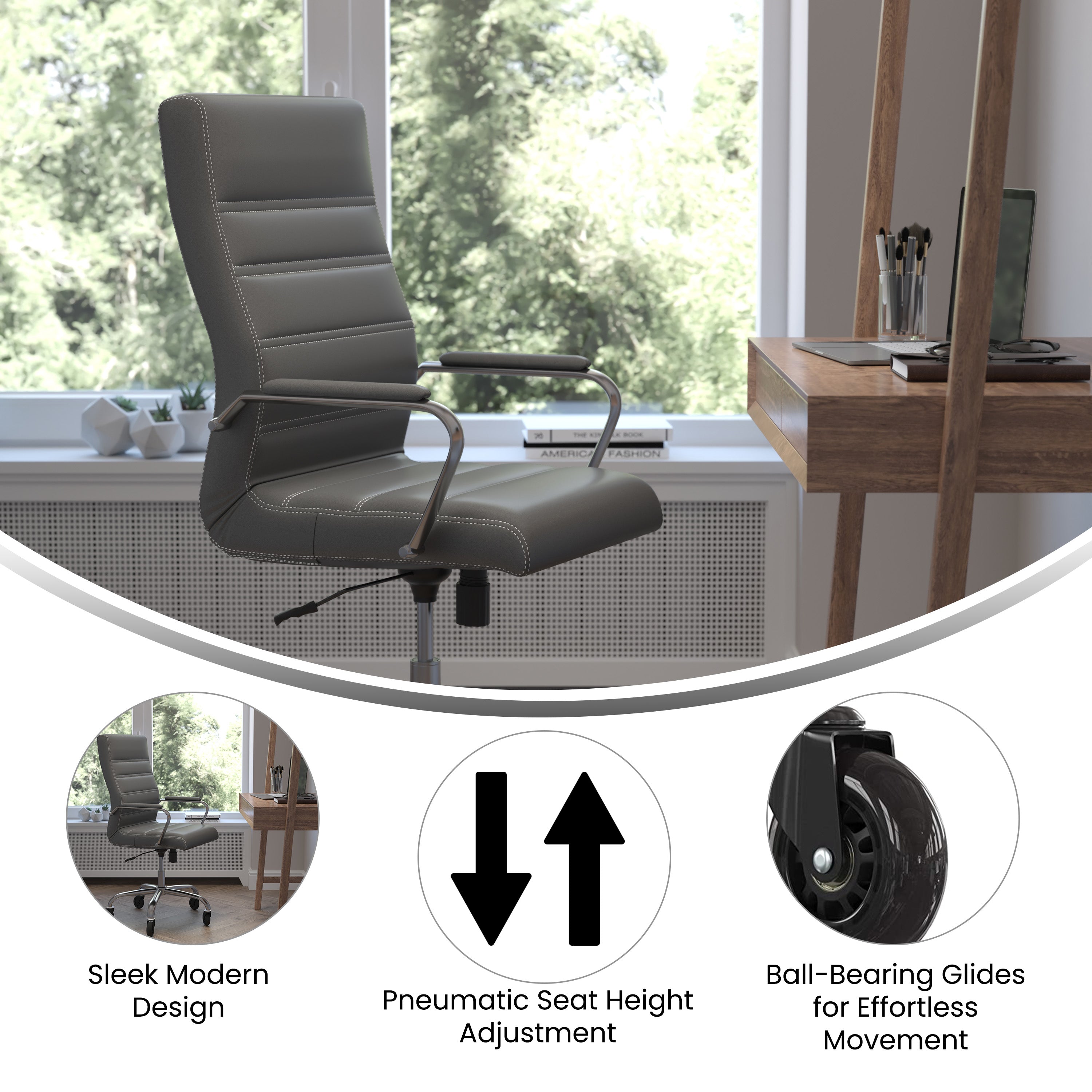 Whitney High Back Gray LeatherSoft Executive Swivel Office Chair with Chrome Frame, Arms, and Transparent Roller Wheels