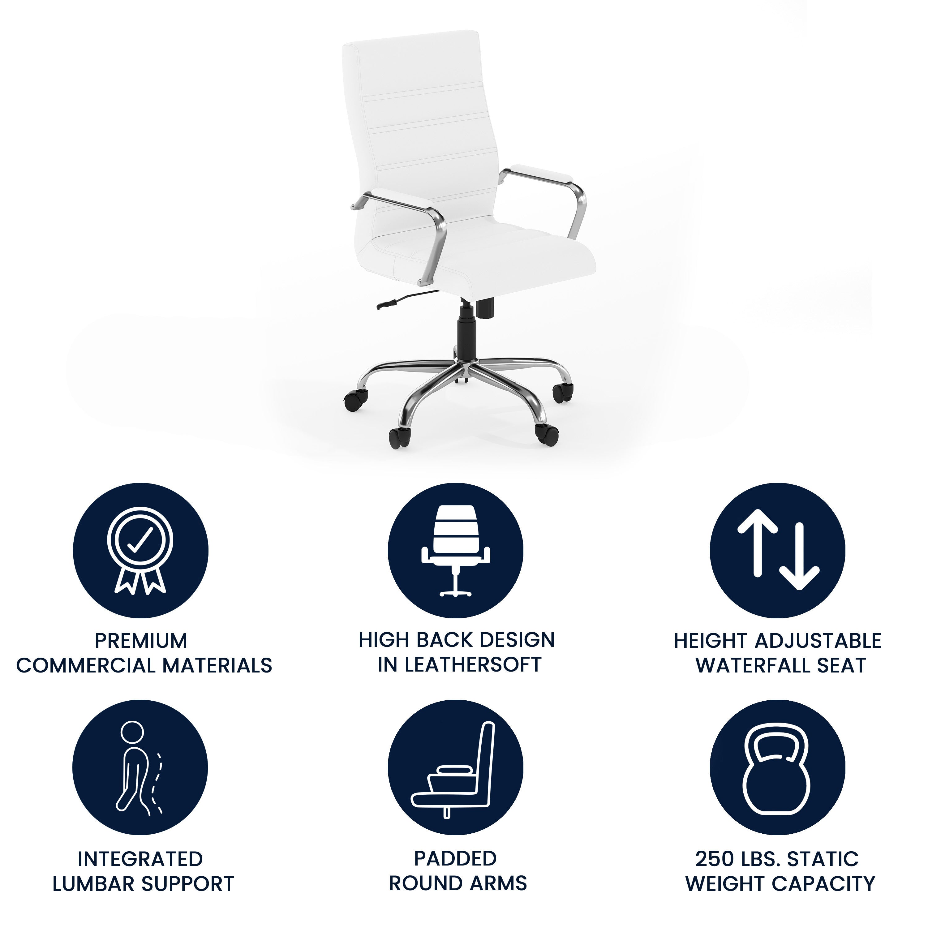 Whitney High Back White LeatherSoft Executive Swivel Office Chair with Chrome Frame and Arms