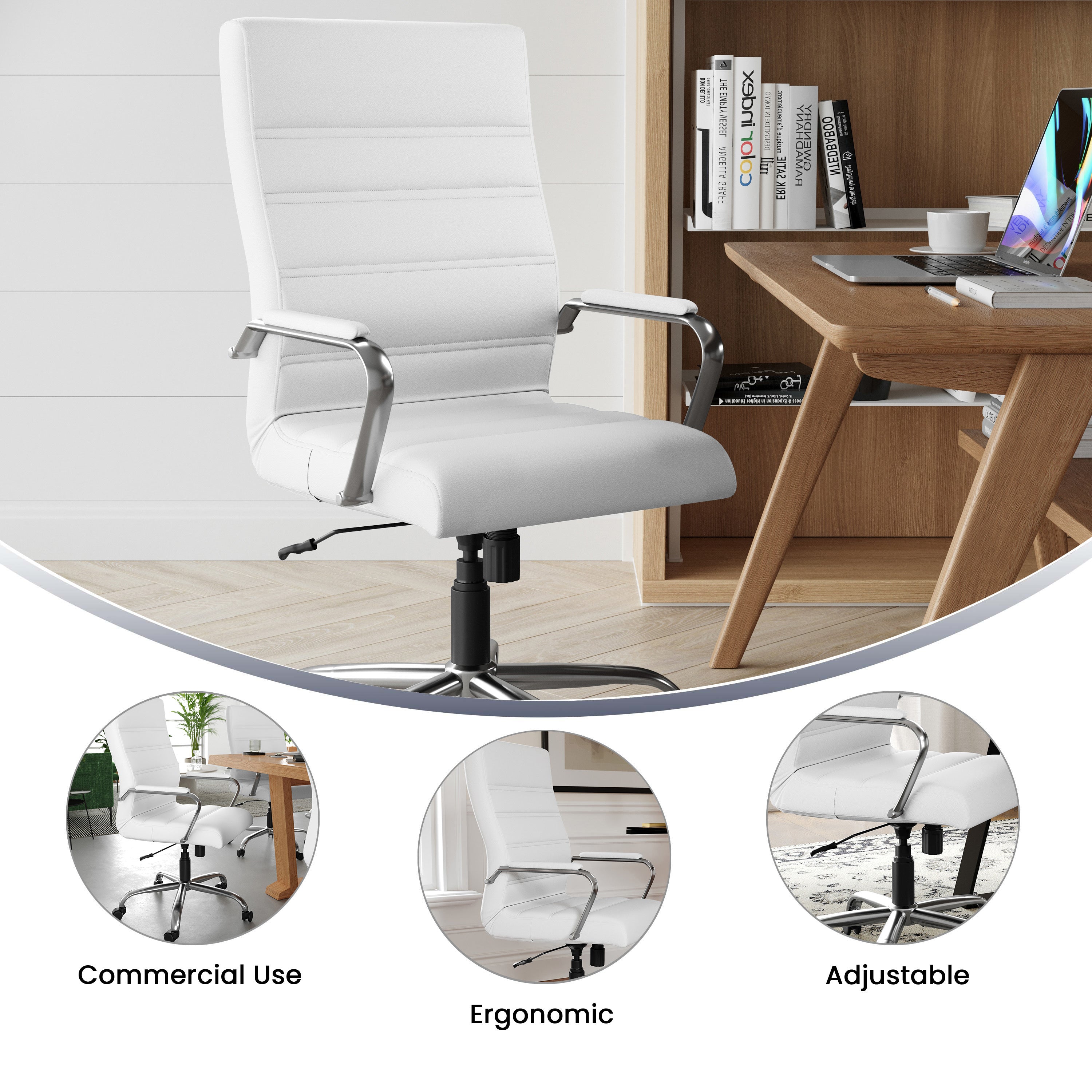 Whitney High Back White LeatherSoft Executive Swivel Office Chair with Chrome Frame and Arms