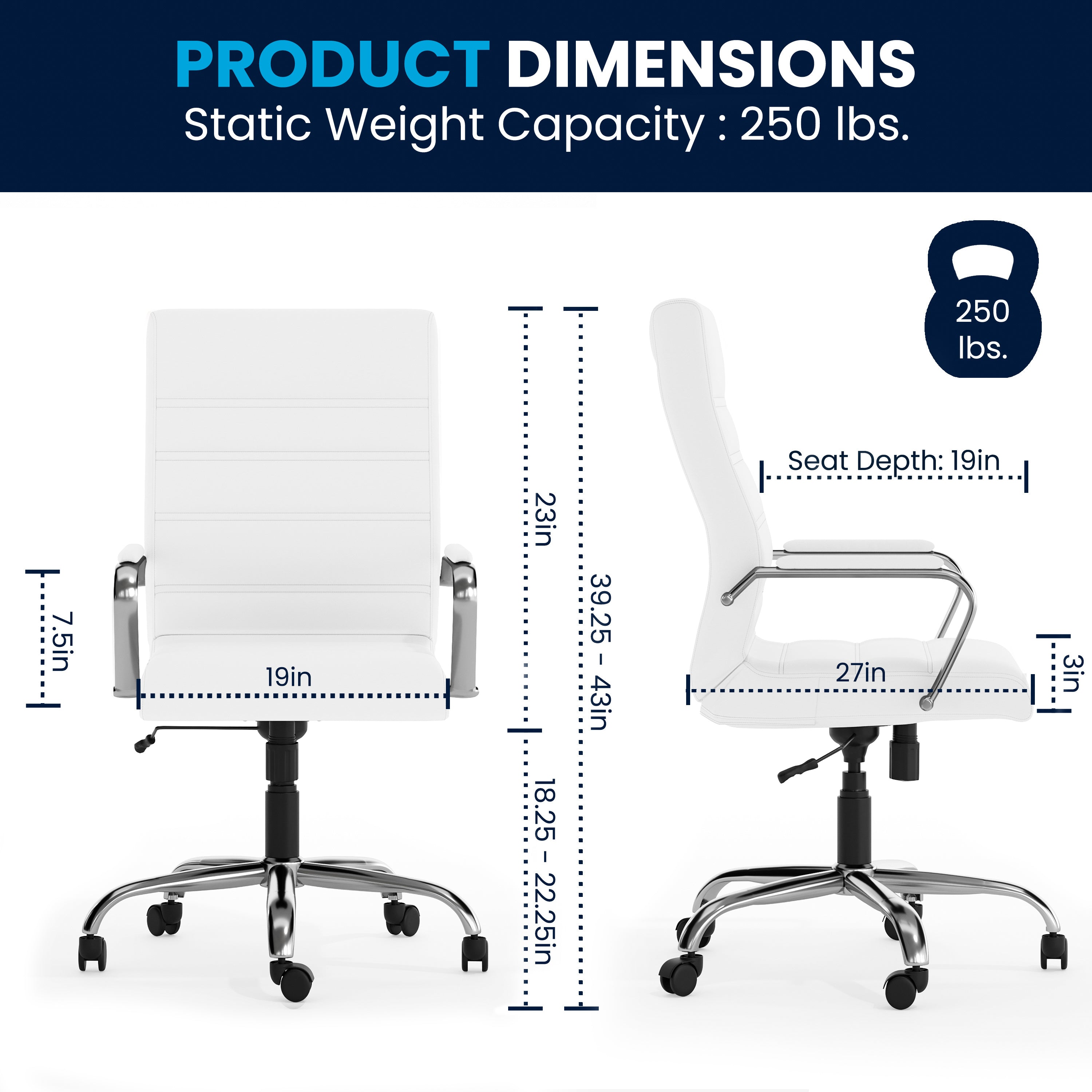 Whitney High Back White LeatherSoft Executive Swivel Office Chair with Chrome Frame and Arms