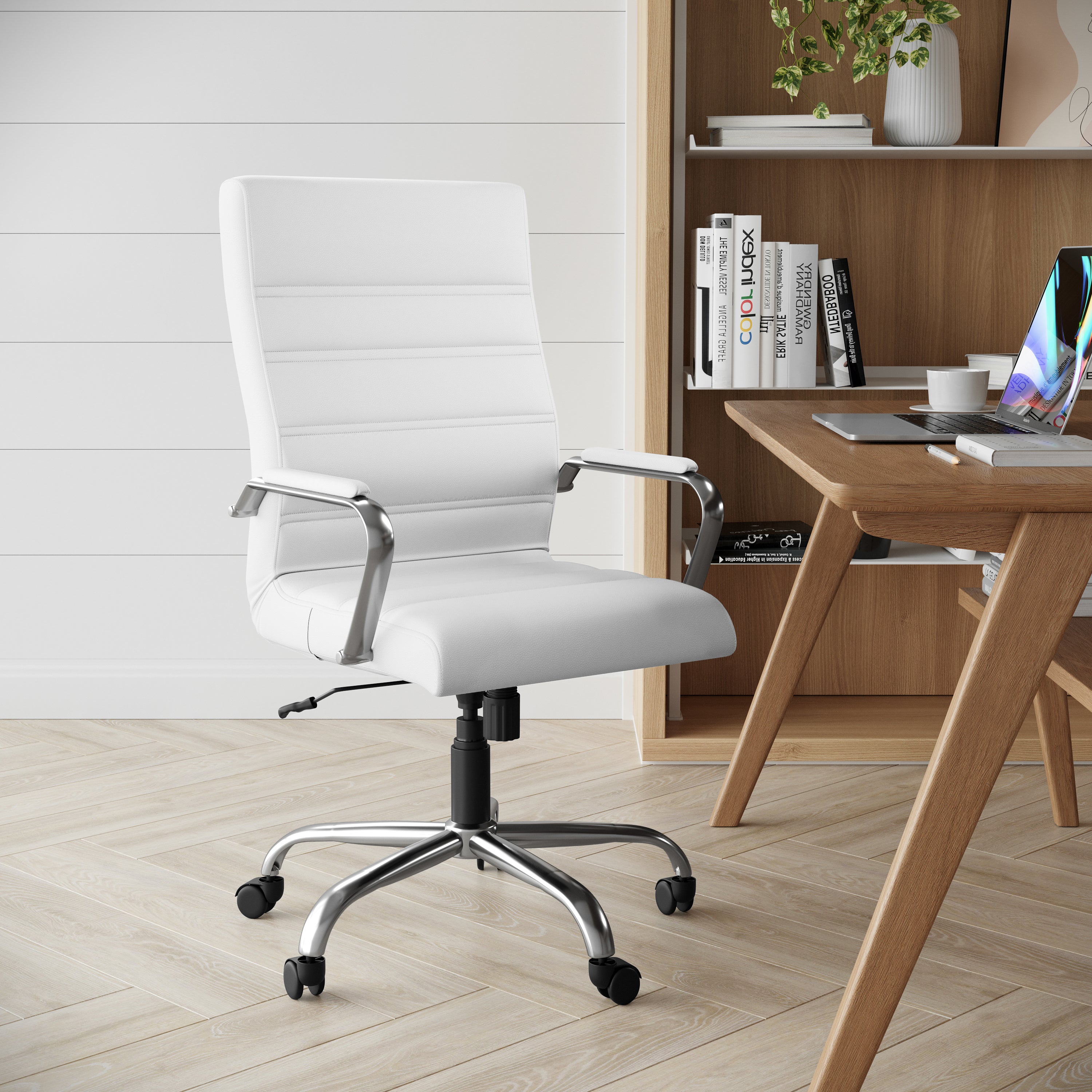 Whitney High Back White LeatherSoft Executive Swivel Office Chair with Chrome Frame and Arms