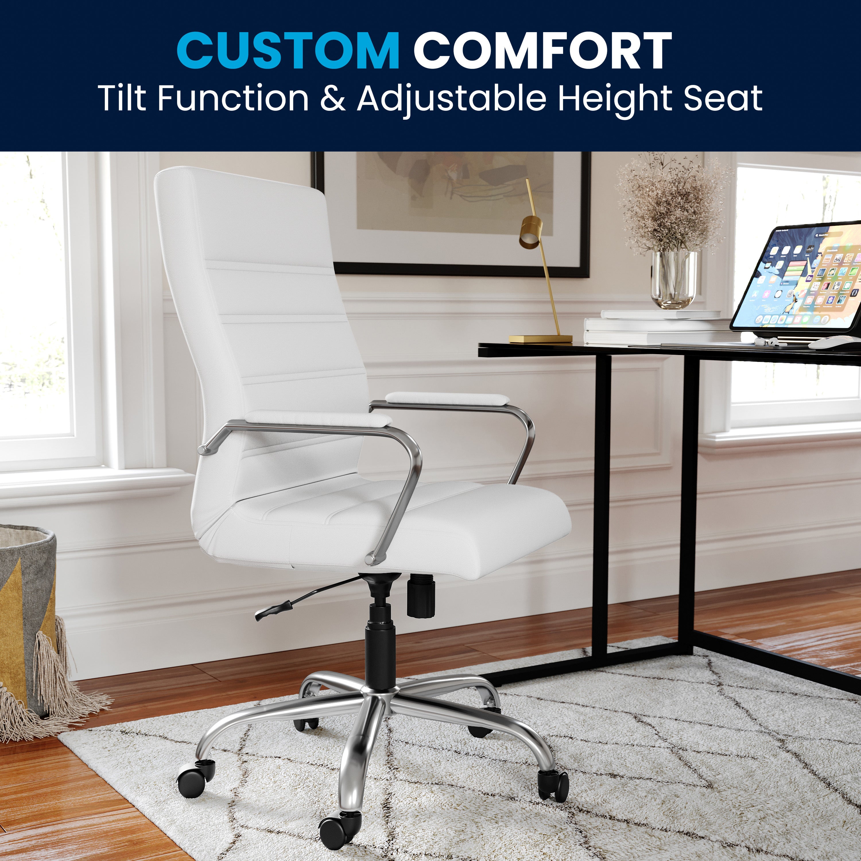 Whitney High Back White LeatherSoft Executive Swivel Office Chair with Chrome Frame and Arms
