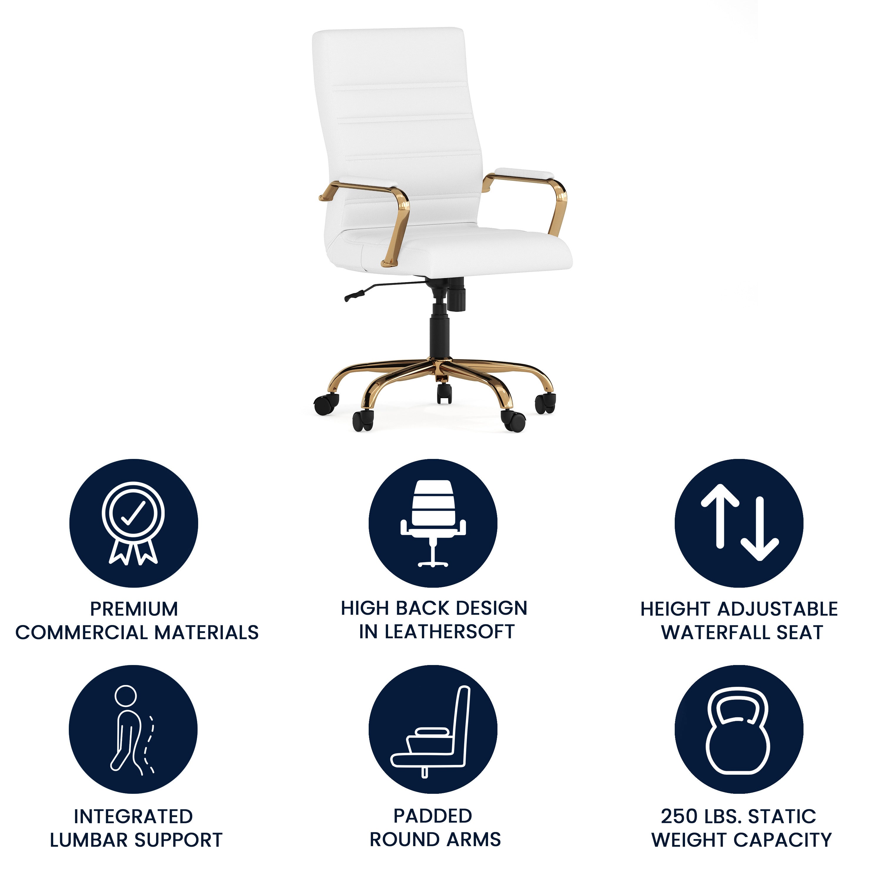 Whitney High Back White LeatherSoft Executive Swivel Office Chair with Gold Frame and Arms