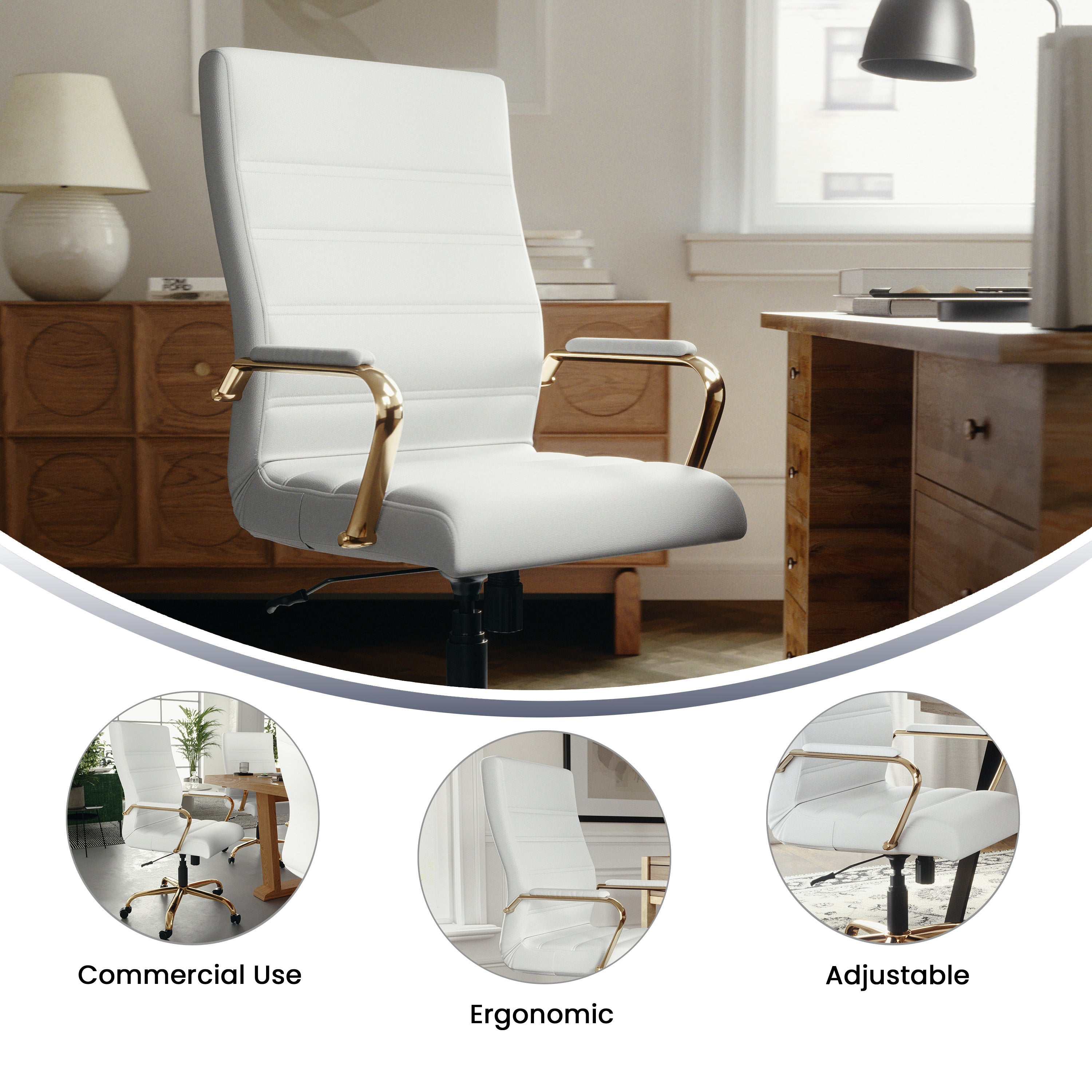 Whitney High Back White LeatherSoft Executive Swivel Office Chair with Gold Frame and Arms