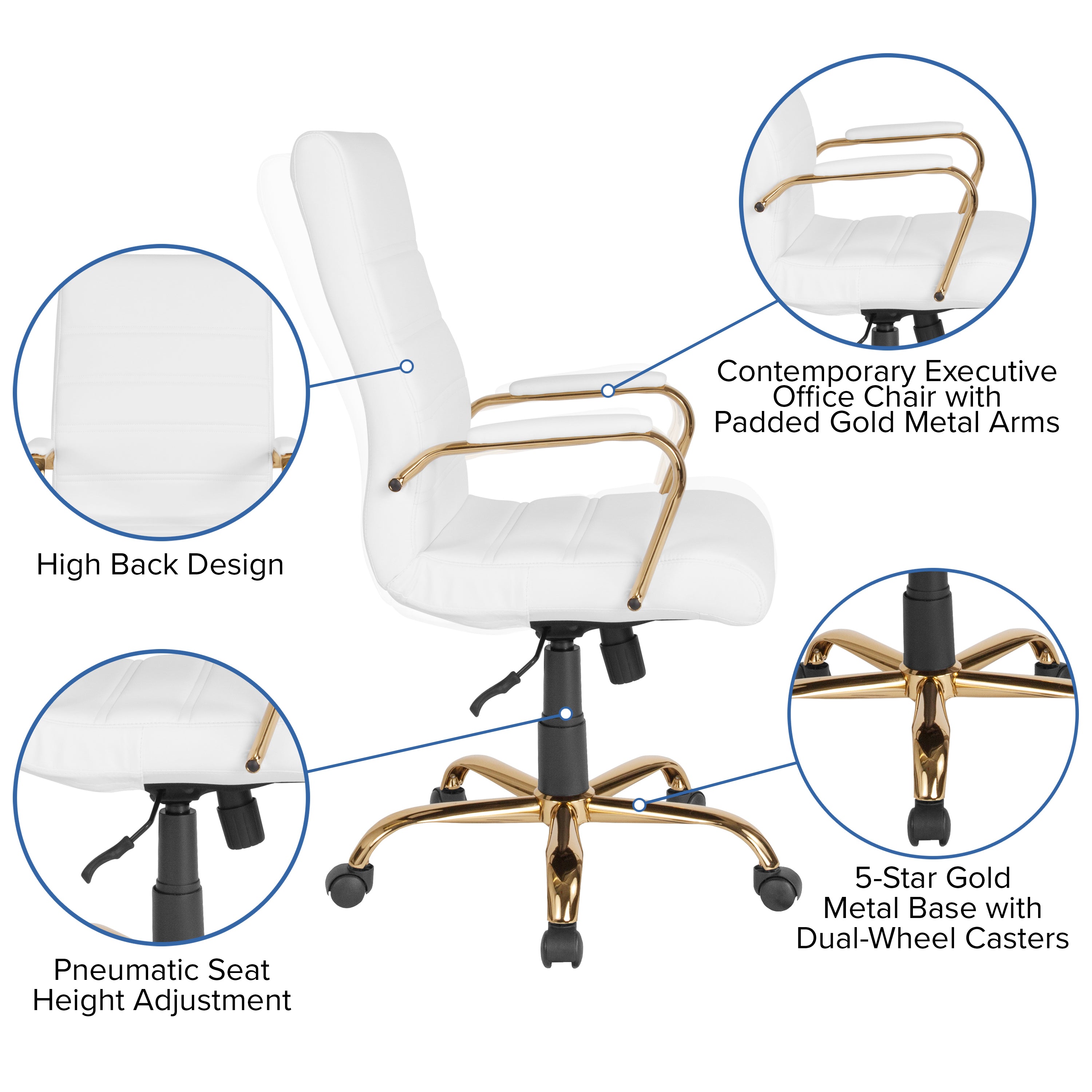 Whitney High Back White LeatherSoft Executive Swivel Office Chair with Gold Frame and Arms