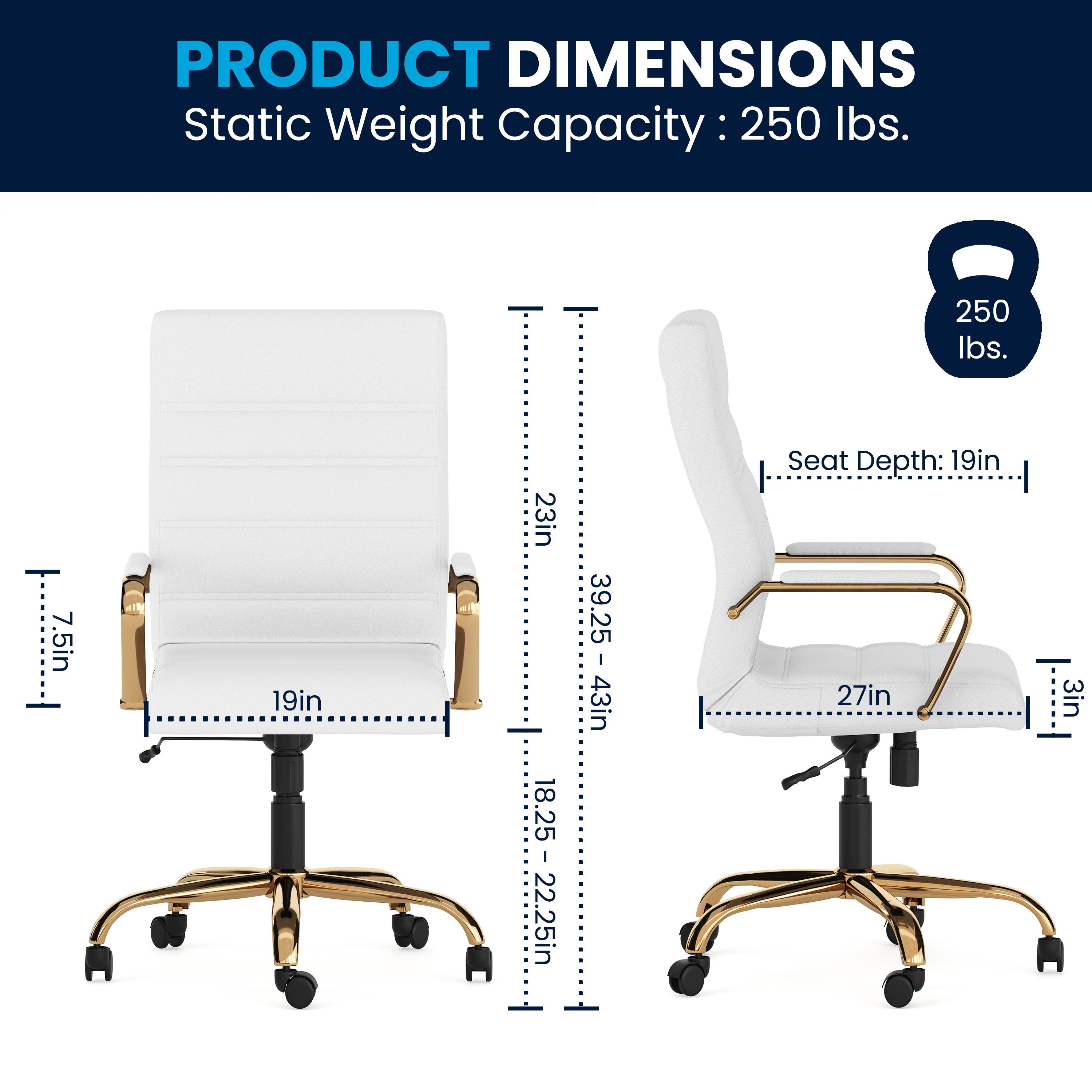 Whitney High Back White LeatherSoft Executive Swivel Office Chair with Gold Frame and Arms