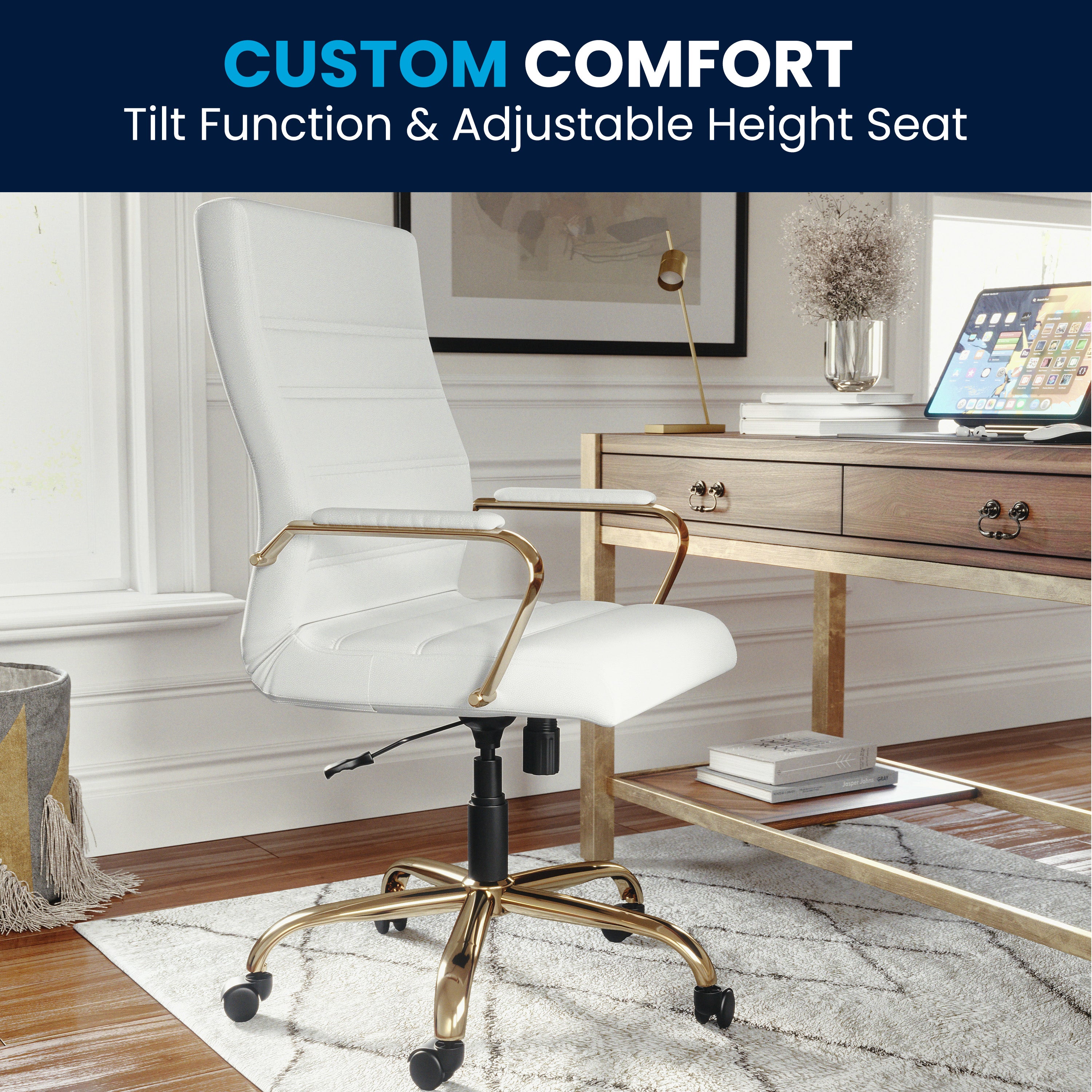 Whitney High Back White LeatherSoft Executive Swivel Office Chair with Gold Frame and Arms
