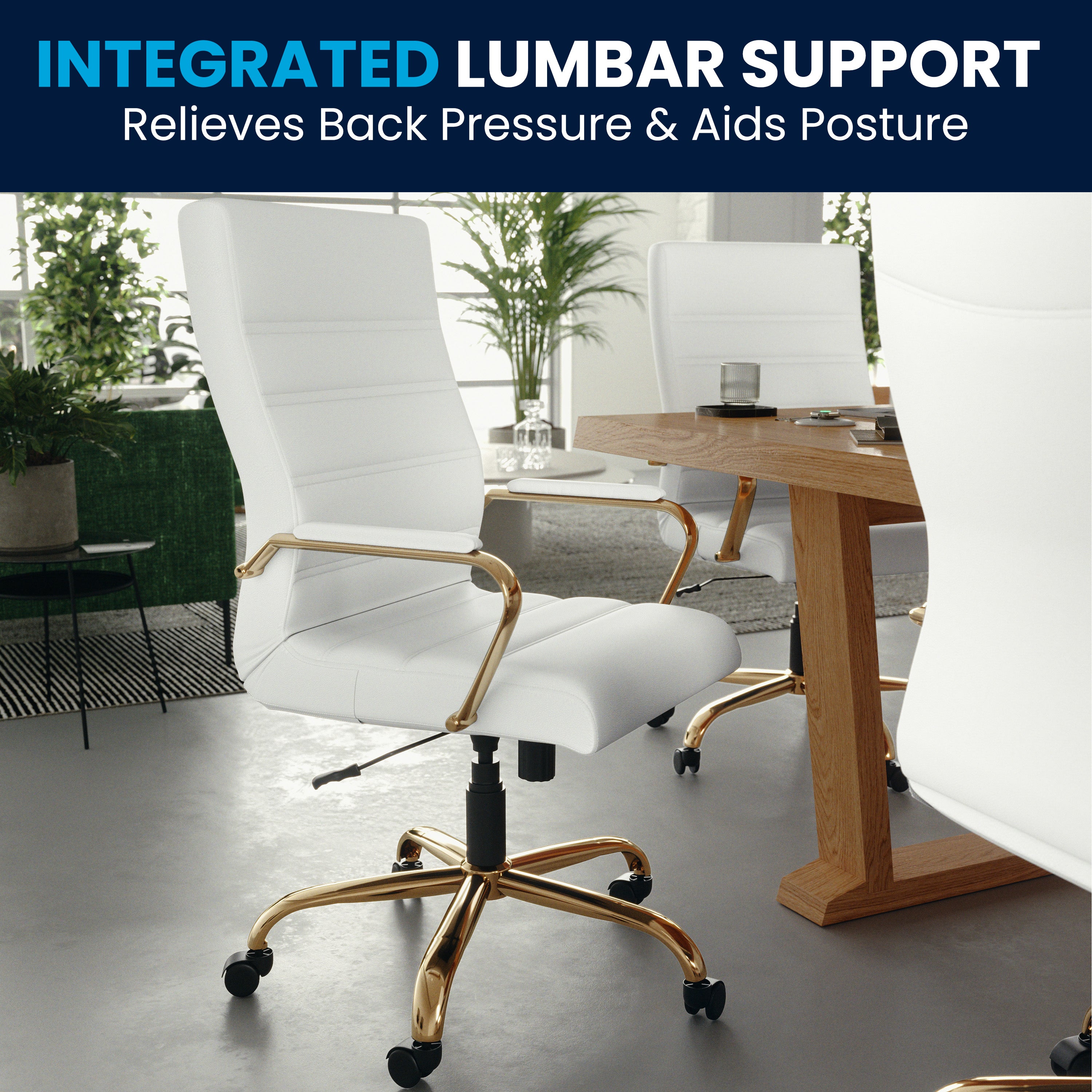 Whitney High Back White LeatherSoft Executive Swivel Office Chair with Gold Frame and Arms