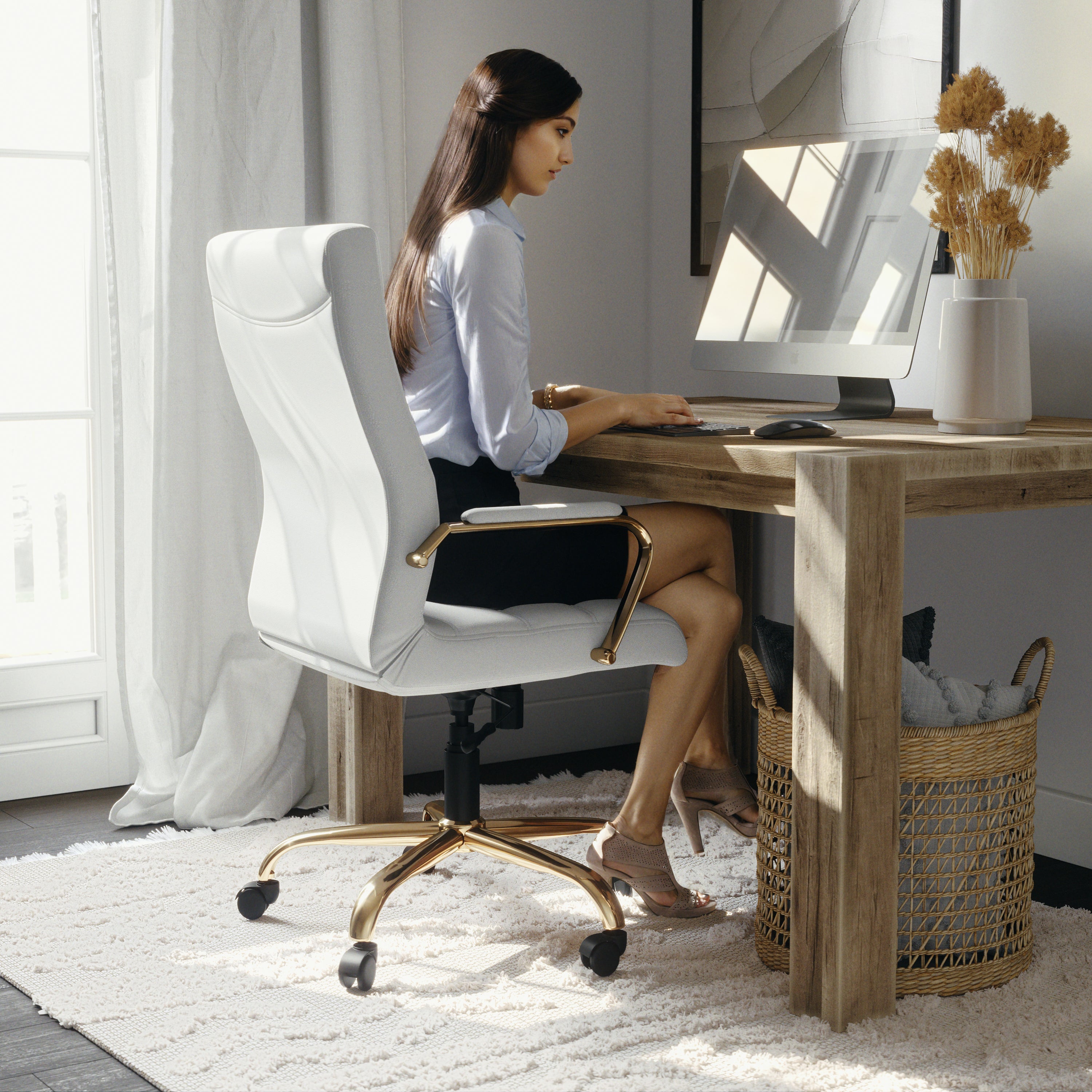 Whitney High Back White LeatherSoft Executive Swivel Office Chair with Gold Frame and Arms