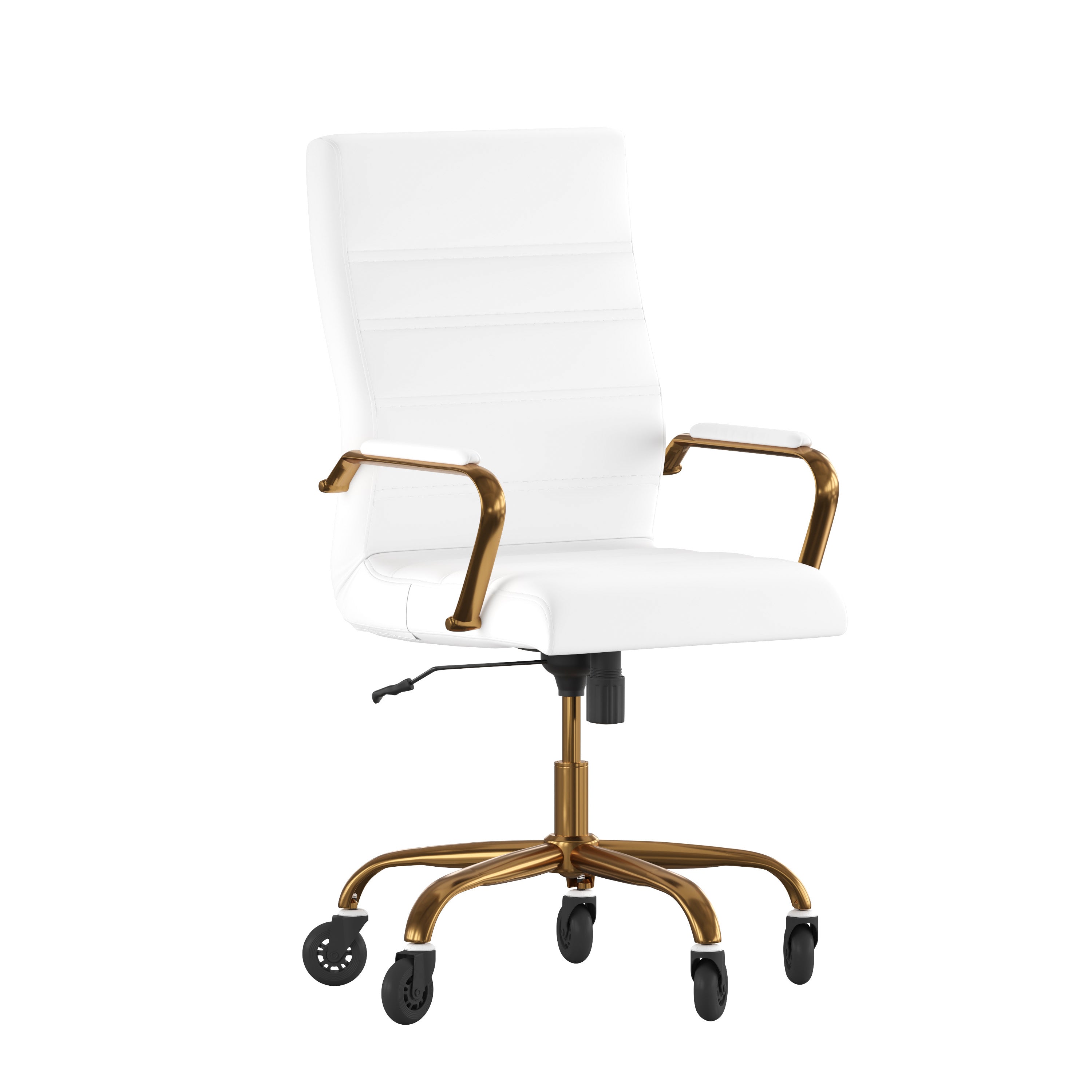 Whitney High Back White LeatherSoft Executive Swivel Office Chair with Gold Frame, Arms, and Transparent Roller Wheels