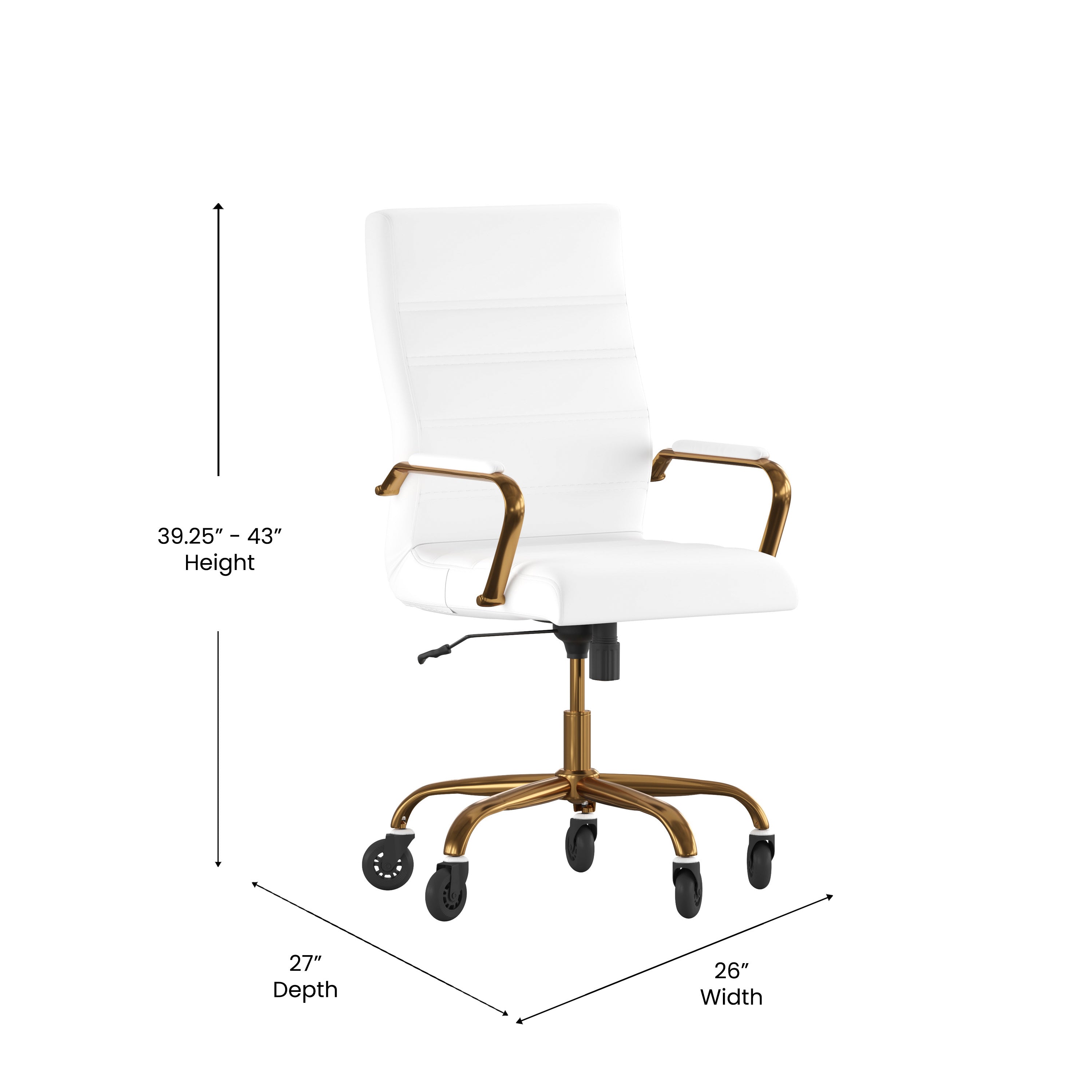 Whitney High Back White LeatherSoft Executive Swivel Office Chair with Gold Frame, Arms, and Transparent Roller Wheels
