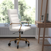 Whitney High Back White LeatherSoft Executive Swivel Office Chair with Gold Frame, Arms, and Transparent Roller Wheels