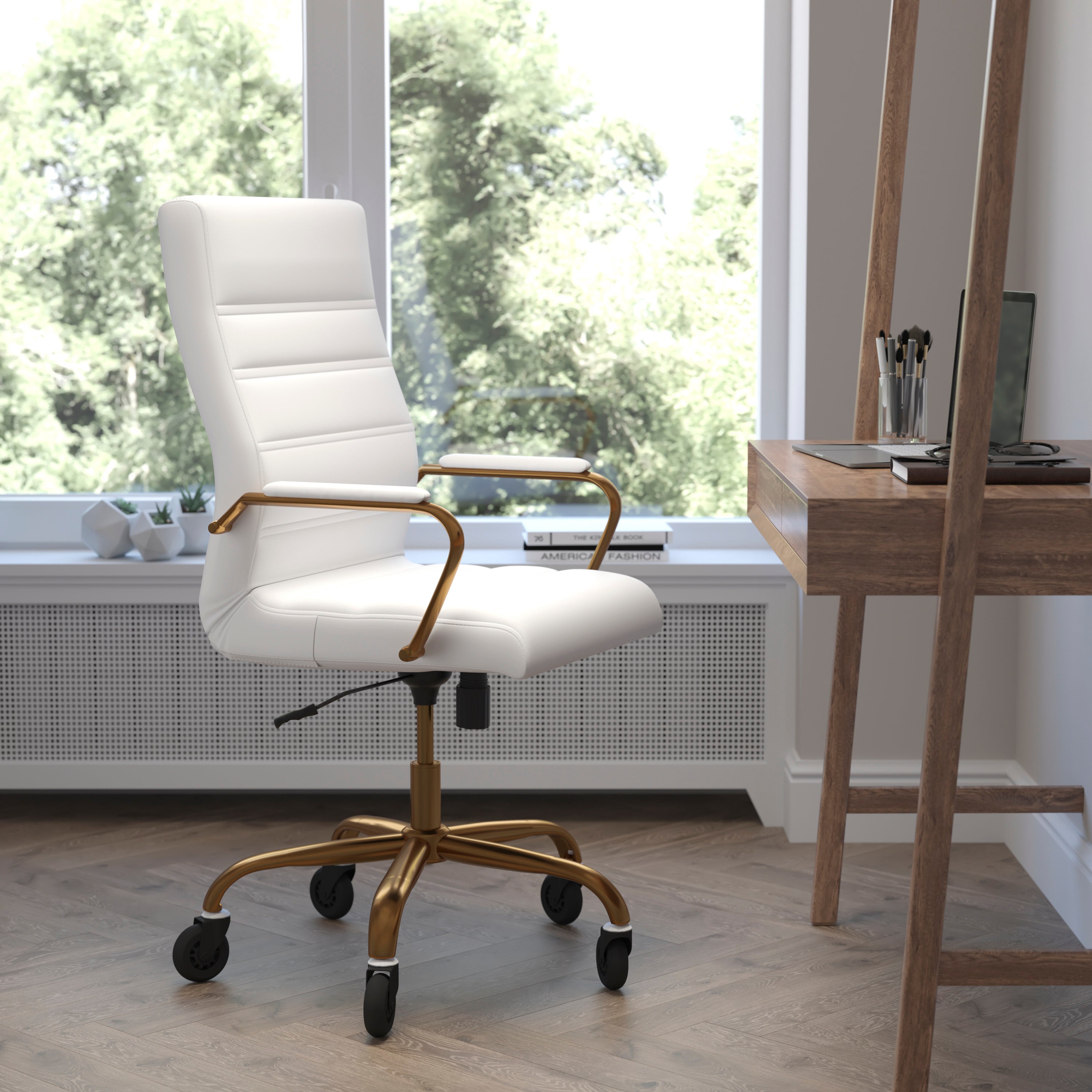 Whitney High Back White LeatherSoft Executive Swivel Office Chair with Gold Frame, Arms, and Transparent Roller Wheels