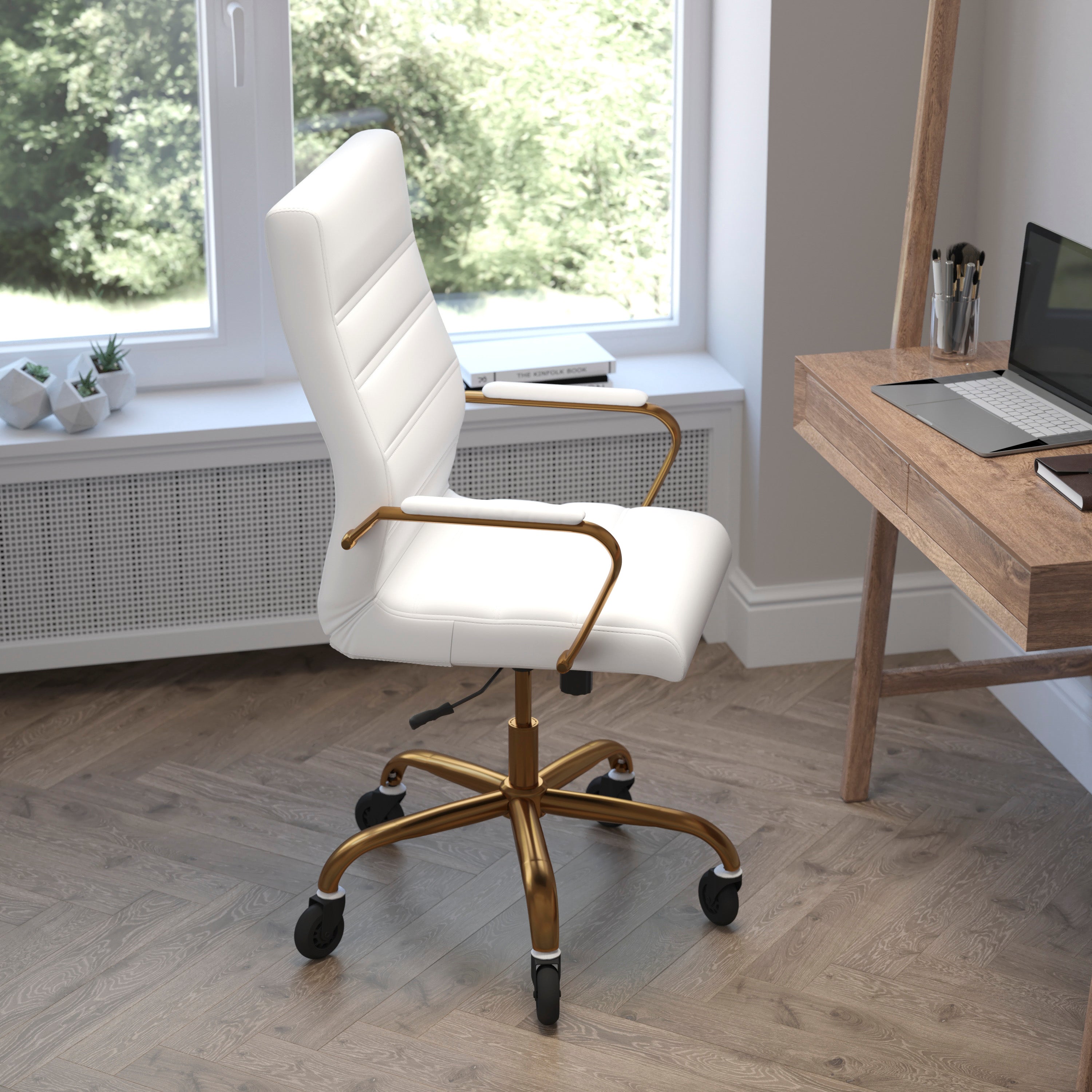Whitney High Back White LeatherSoft Executive Swivel Office Chair with Gold Frame, Arms, and Transparent Roller Wheels