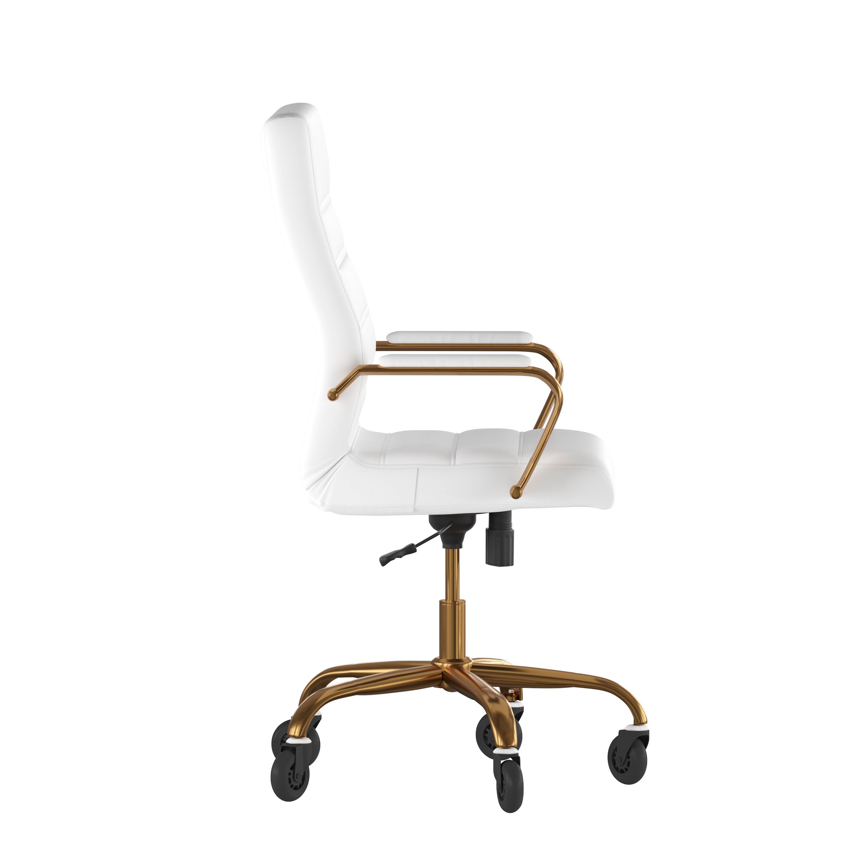 Whitney High Back White LeatherSoft Executive Swivel Office Chair with Gold Frame, Arms, and Transparent Roller Wheels