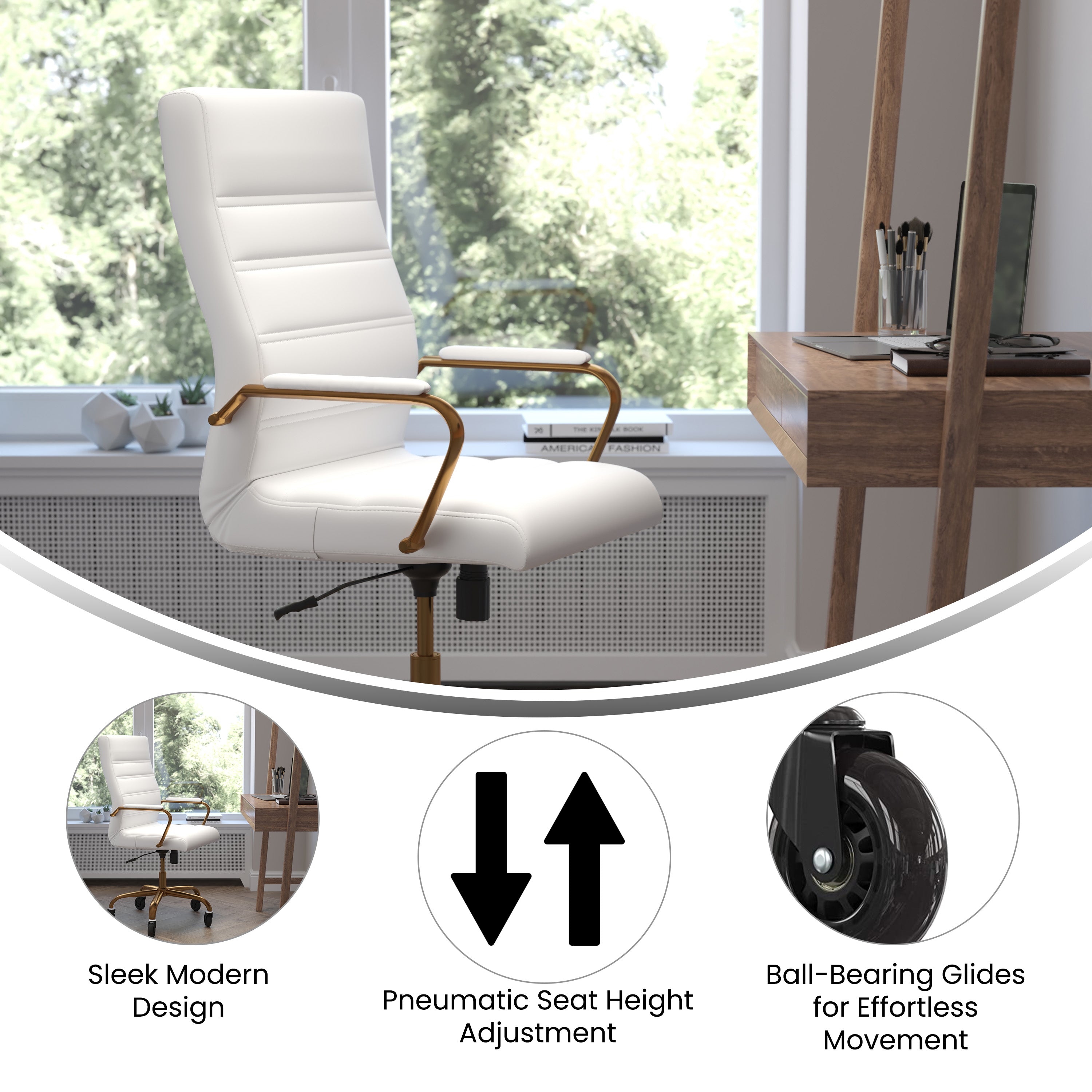 Whitney High Back White LeatherSoft Executive Swivel Office Chair with Gold Frame, Arms, and Transparent Roller Wheels