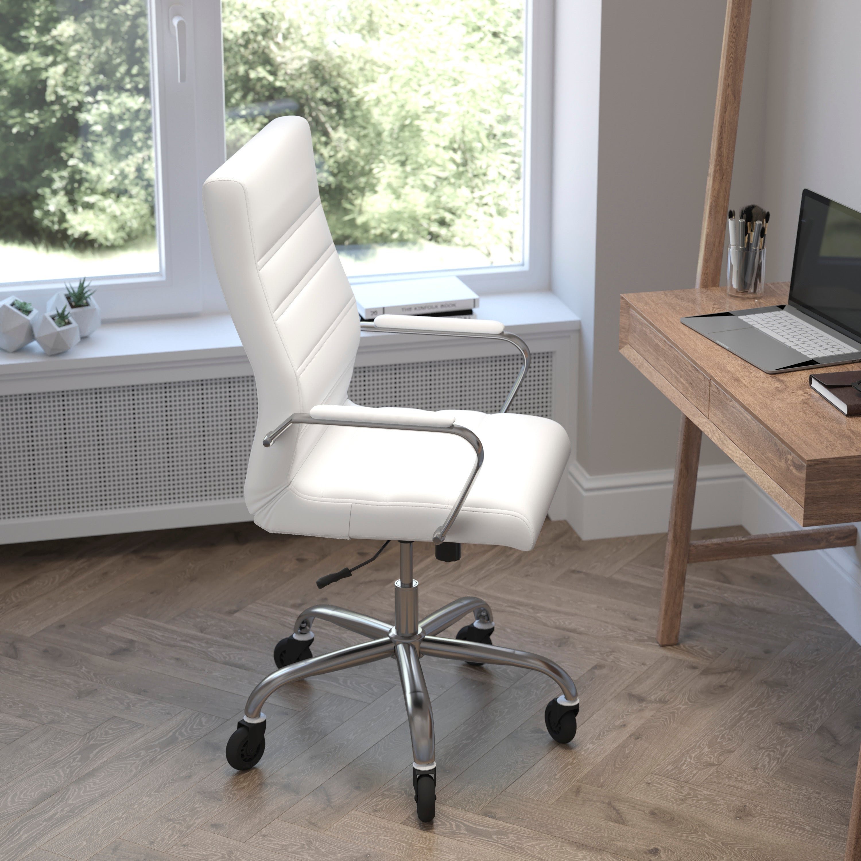 Whitney High Back White LeatherSoft Executive Swivel Office Chair with Chrome Frame, Arms, and Transparent Roller Wheels
