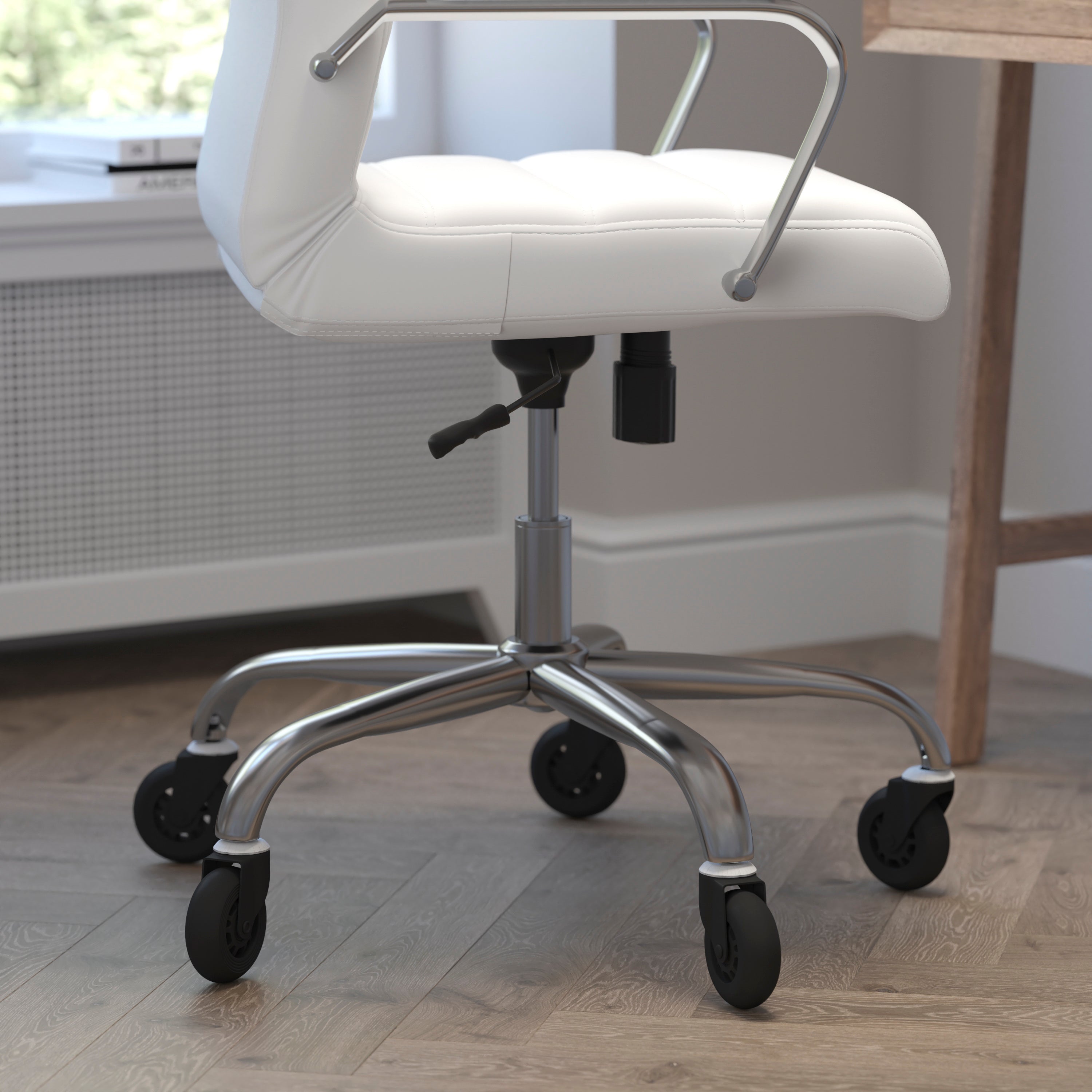 Whitney High Back White LeatherSoft Executive Swivel Office Chair with Chrome Frame, Arms, and Transparent Roller Wheels