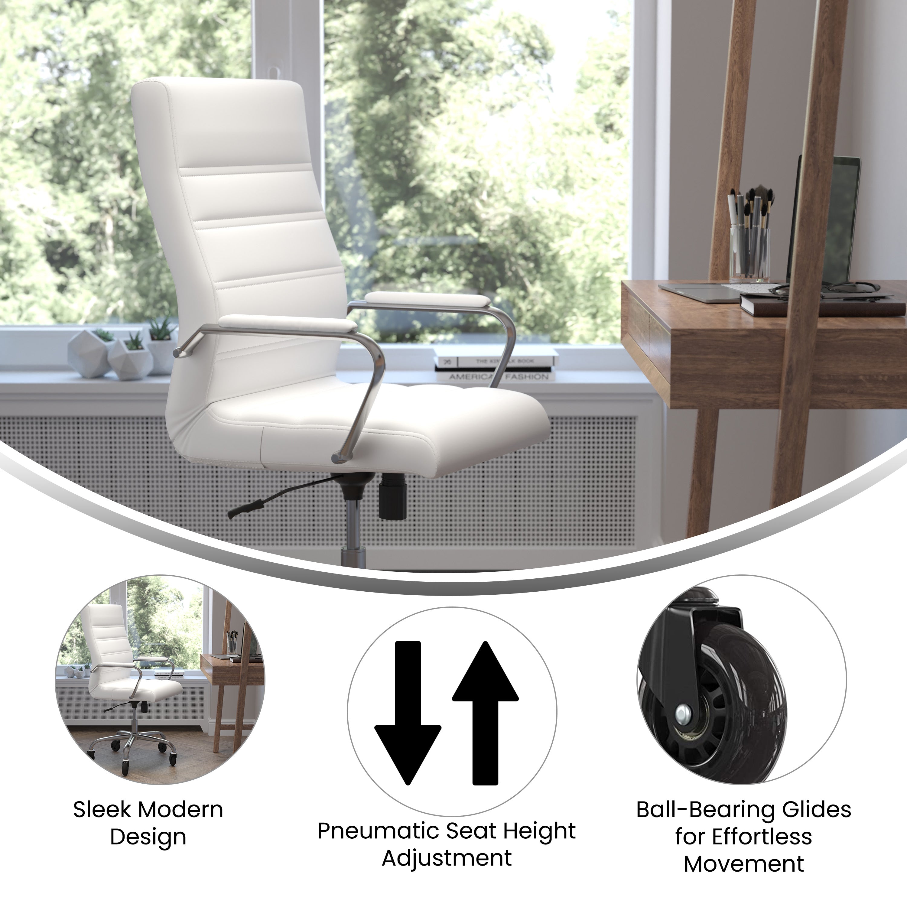 Whitney High Back White LeatherSoft Executive Swivel Office Chair with Chrome Frame, Arms, and Transparent Roller Wheels