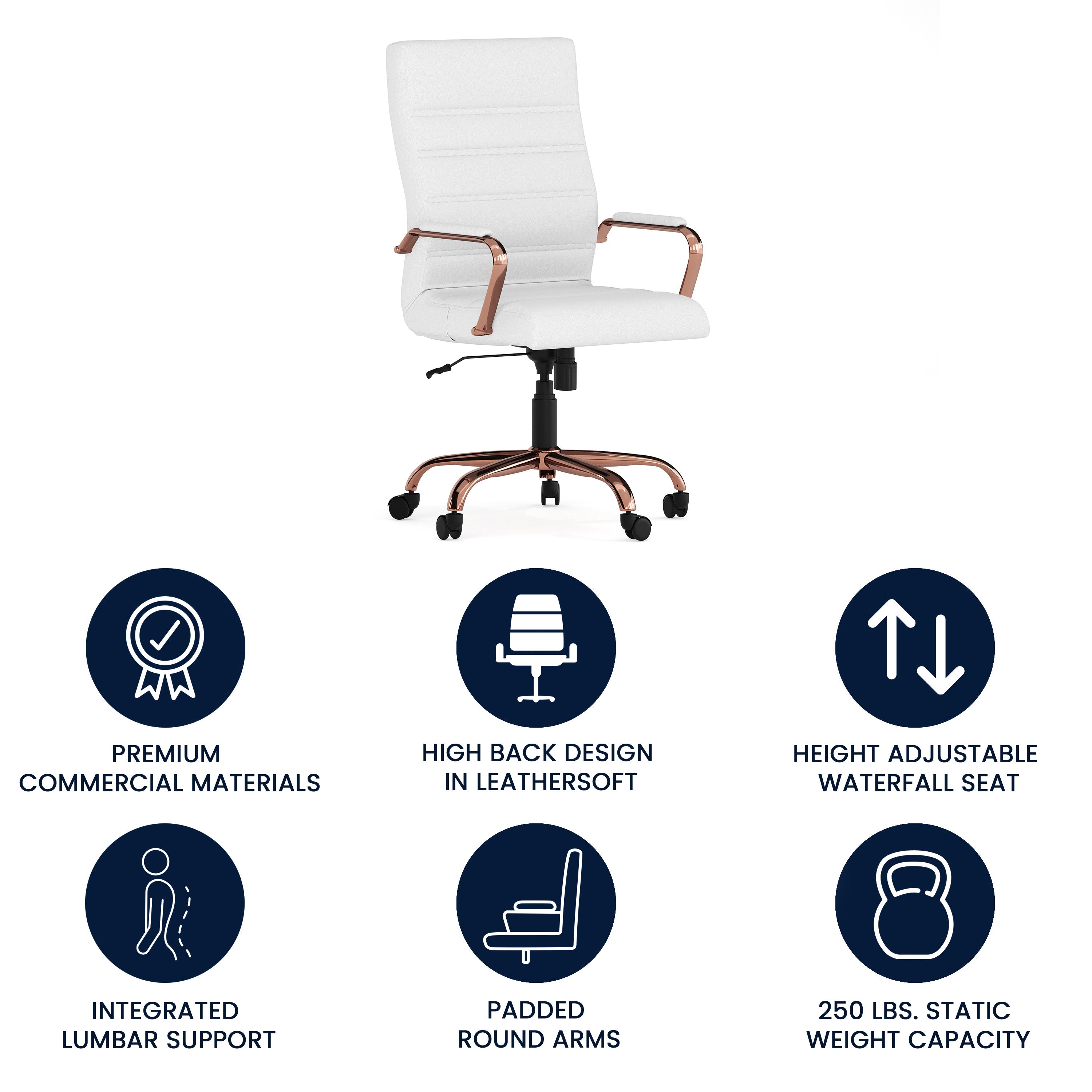 Whitney High Back White LeatherSoft Executive Swivel Office Chair with Rose Gold Frame and Arms