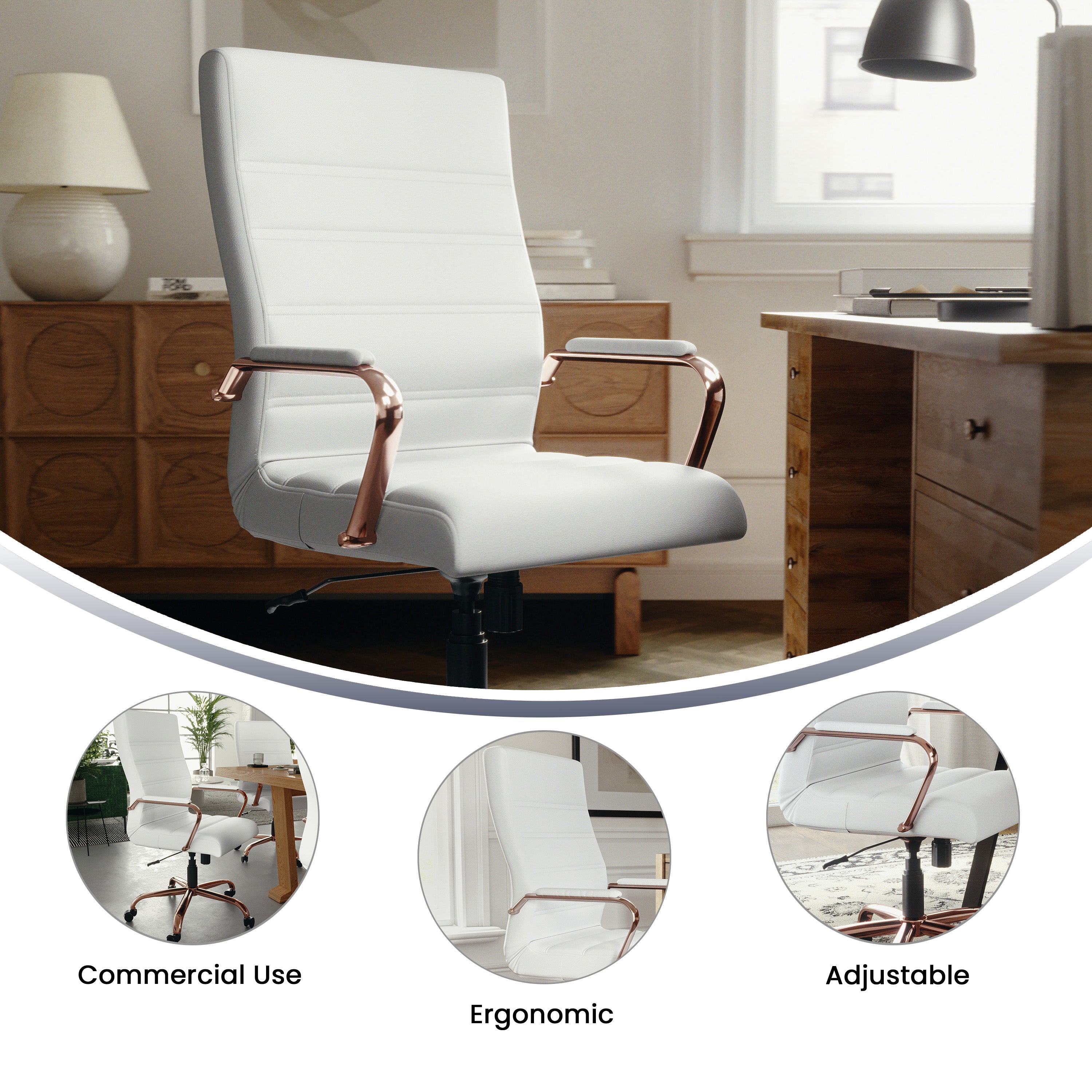 Whitney High Back White LeatherSoft Executive Swivel Office Chair with Rose Gold Frame and Arms