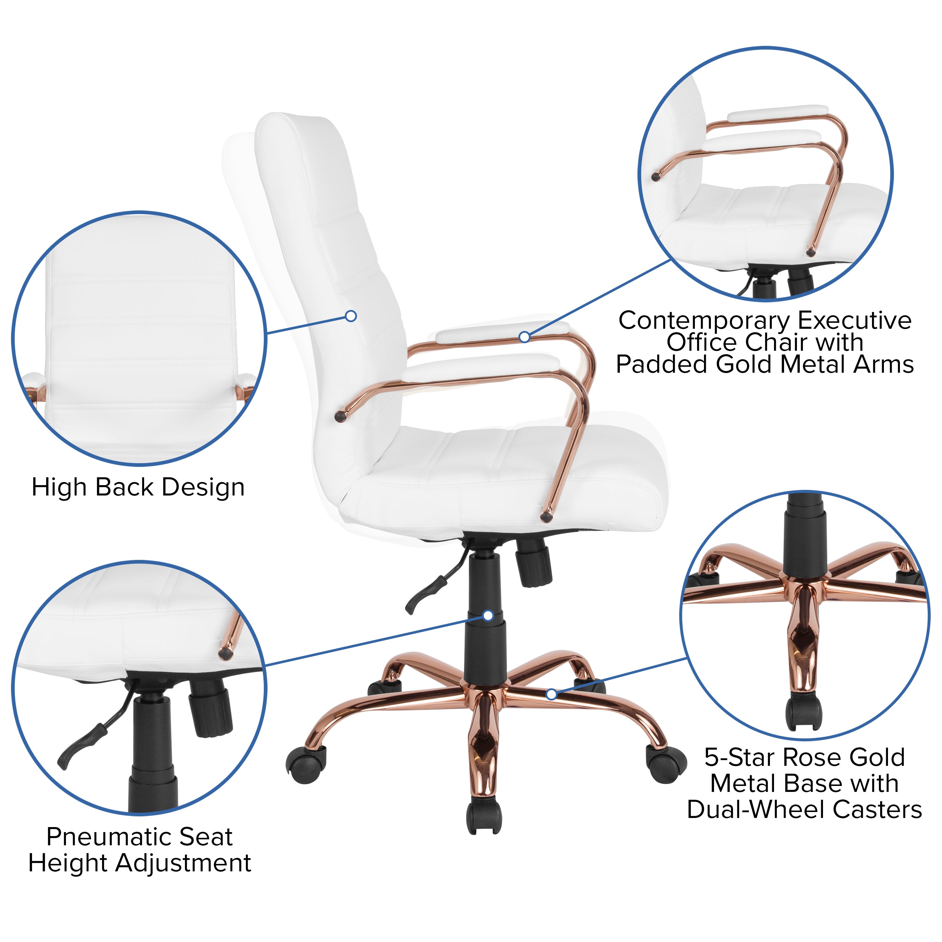 Whitney High Back White LeatherSoft Executive Swivel Office Chair with Rose Gold Frame and Arms
