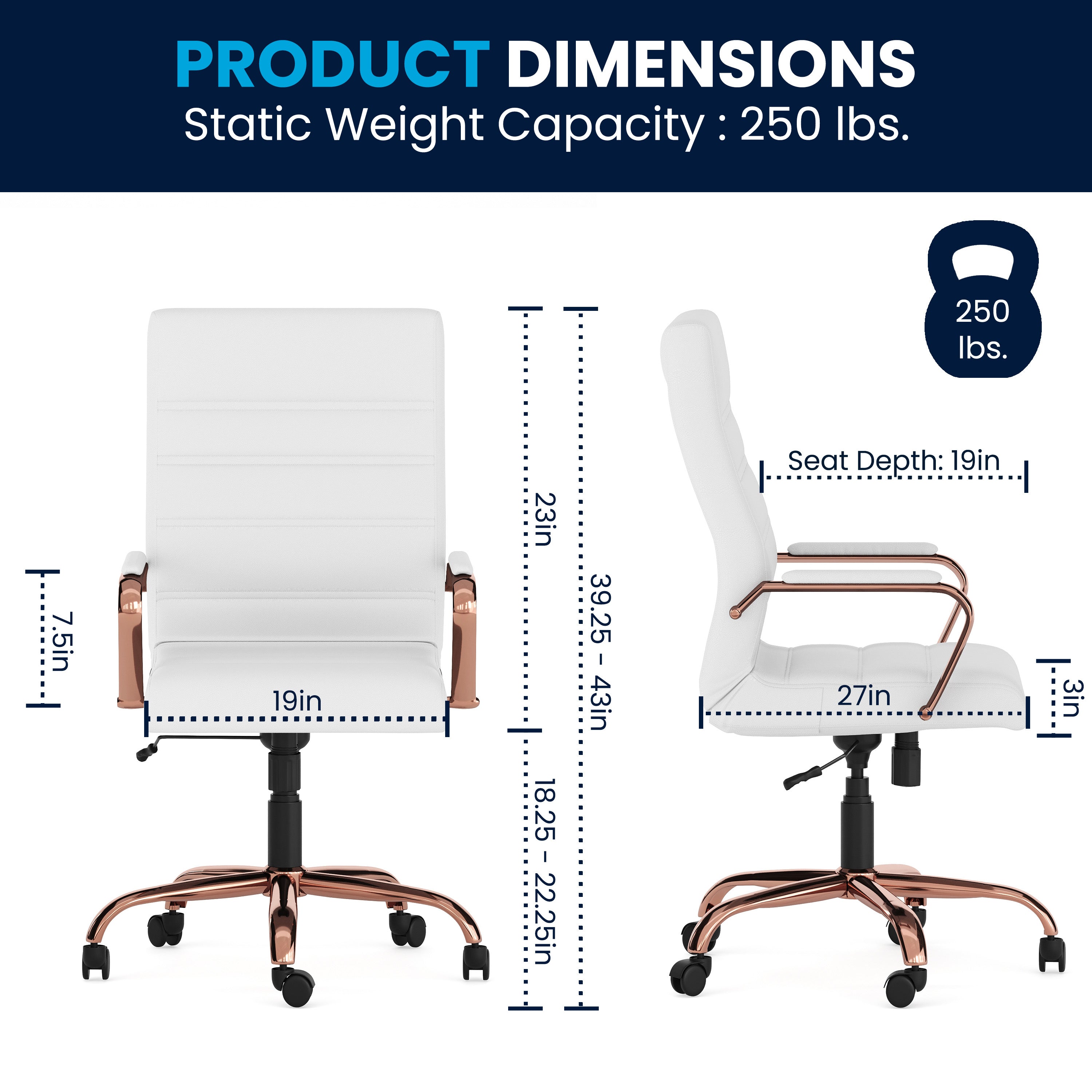 Whitney High Back White LeatherSoft Executive Swivel Office Chair with Rose Gold Frame and Arms