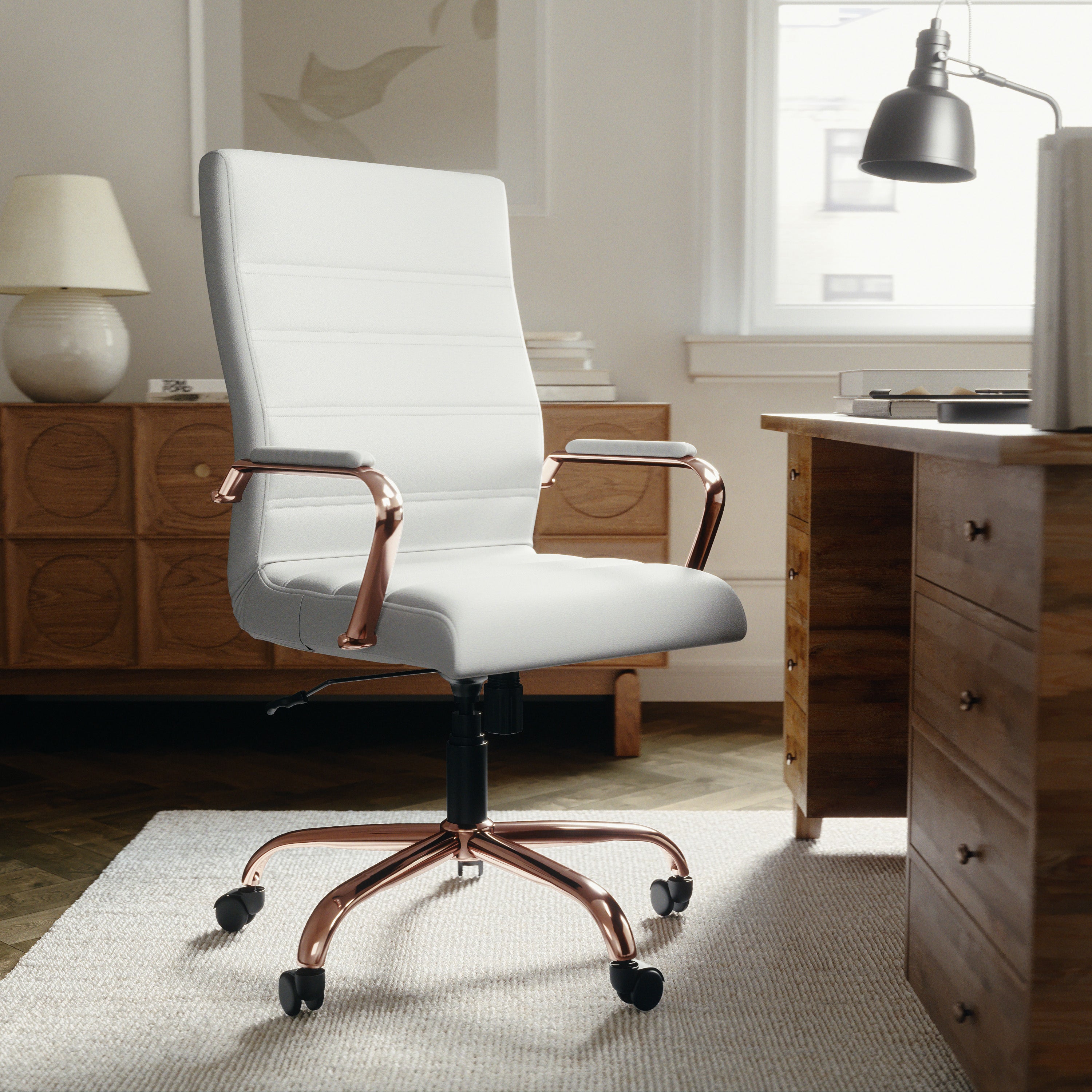 Whitney High Back White LeatherSoft Executive Swivel Office Chair with Rose Gold Frame and Arms