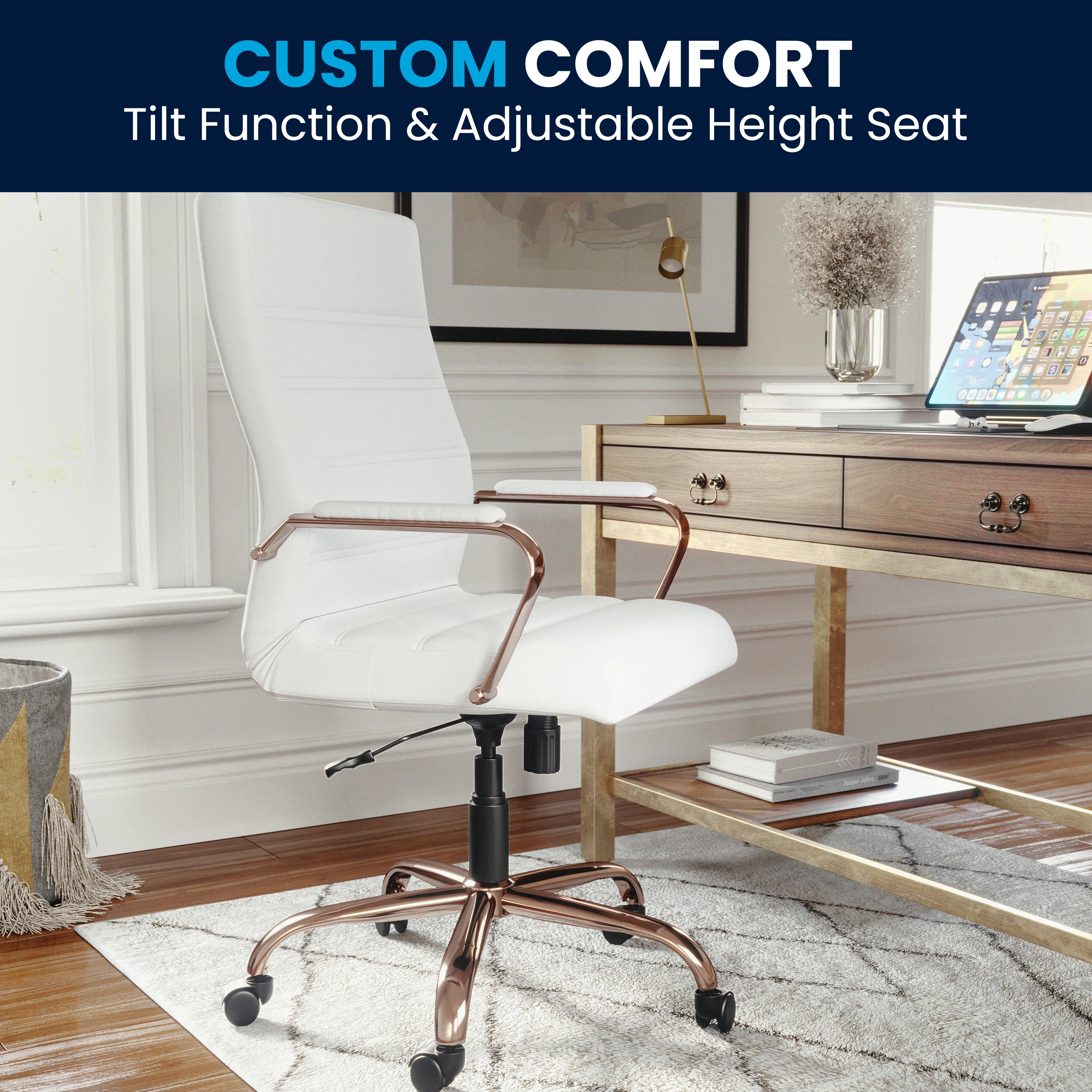 Whitney High Back White LeatherSoft Executive Swivel Office Chair with Rose Gold Frame and Arms