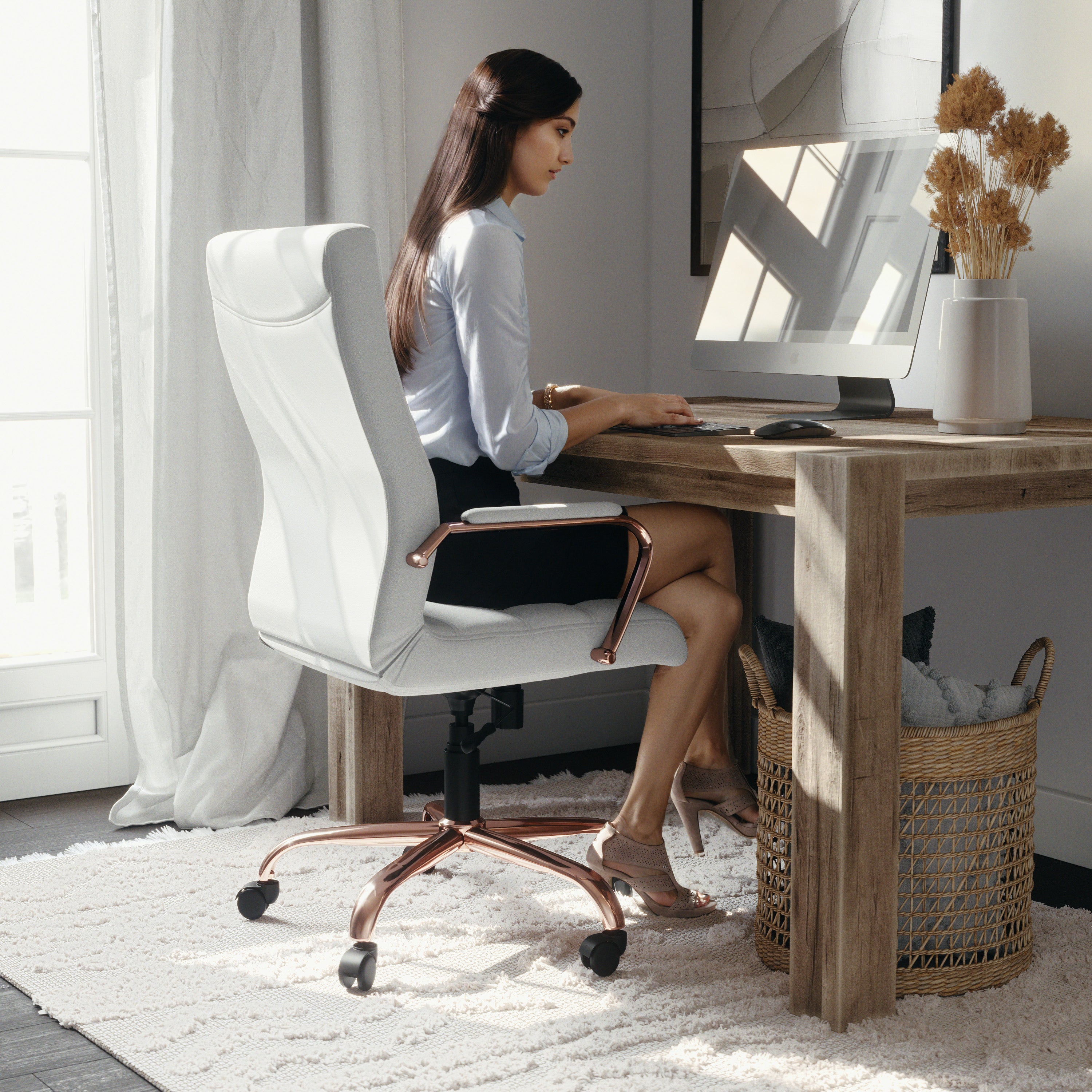 Whitney High Back White LeatherSoft Executive Swivel Office Chair with Rose Gold Frame and Arms