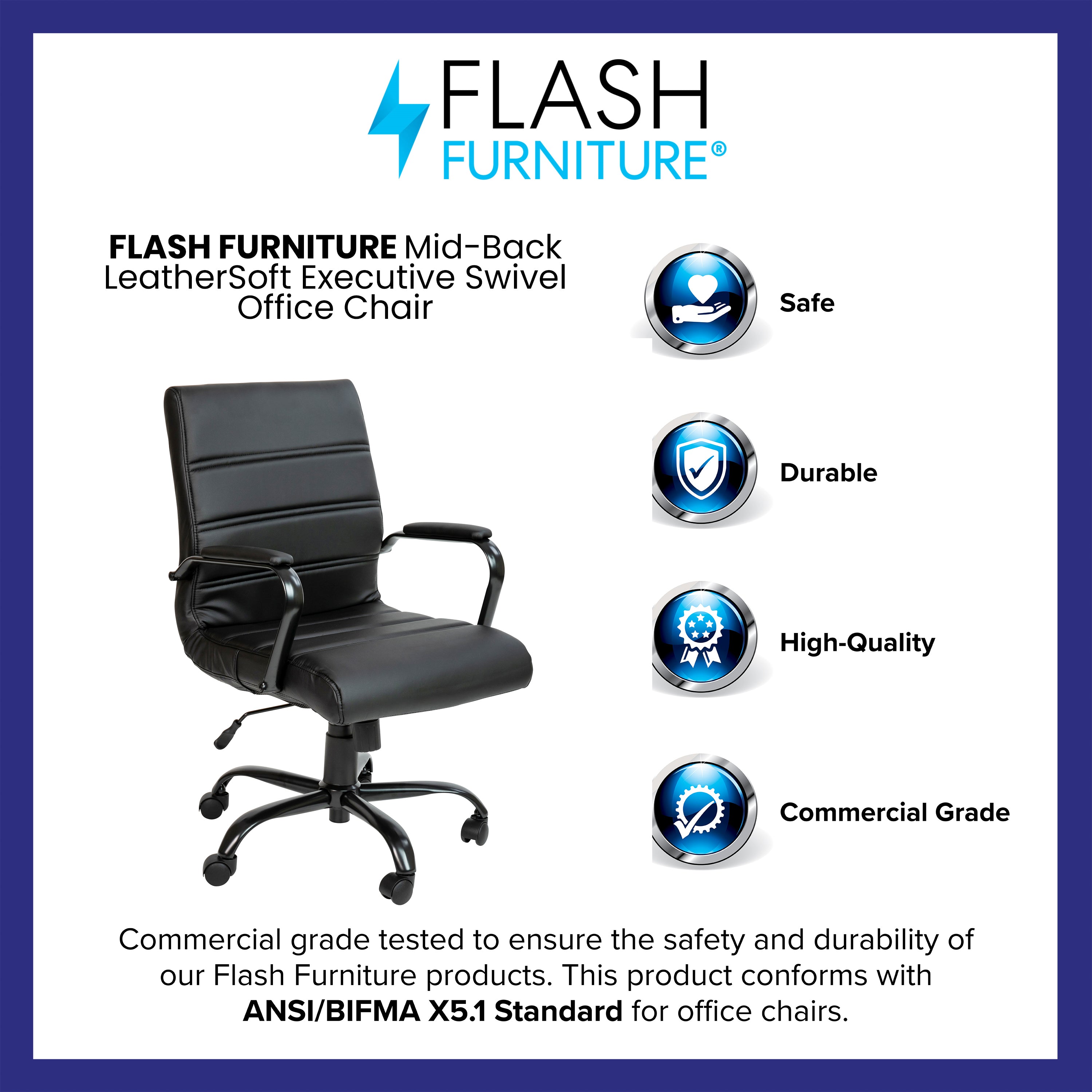 Whitney Mid-Back Black LeatherSoft Executive Swivel Office Chair with Black Frame and Arms