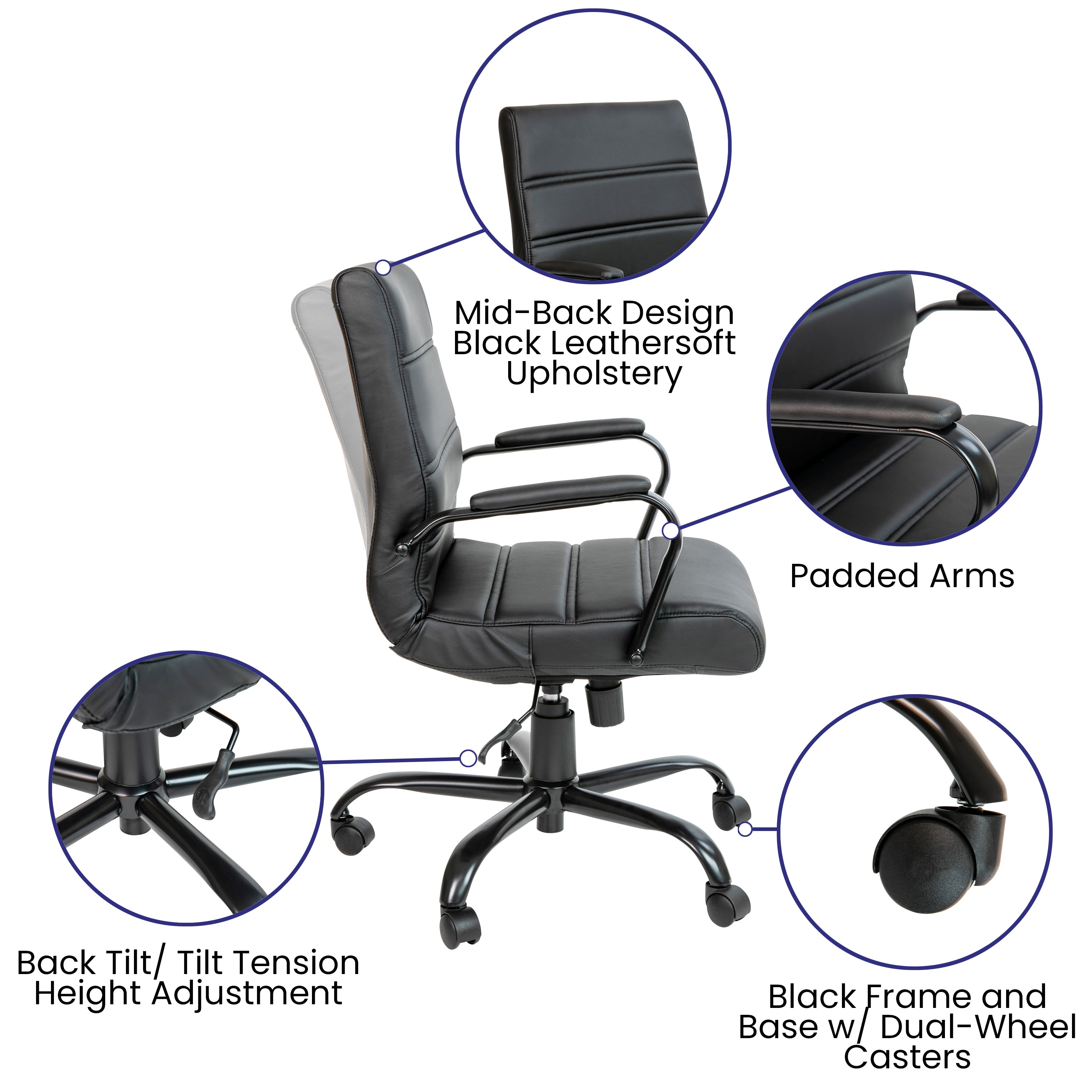 Whitney Mid-Back Black LeatherSoft Executive Swivel Office Chair with Black Frame and Arms