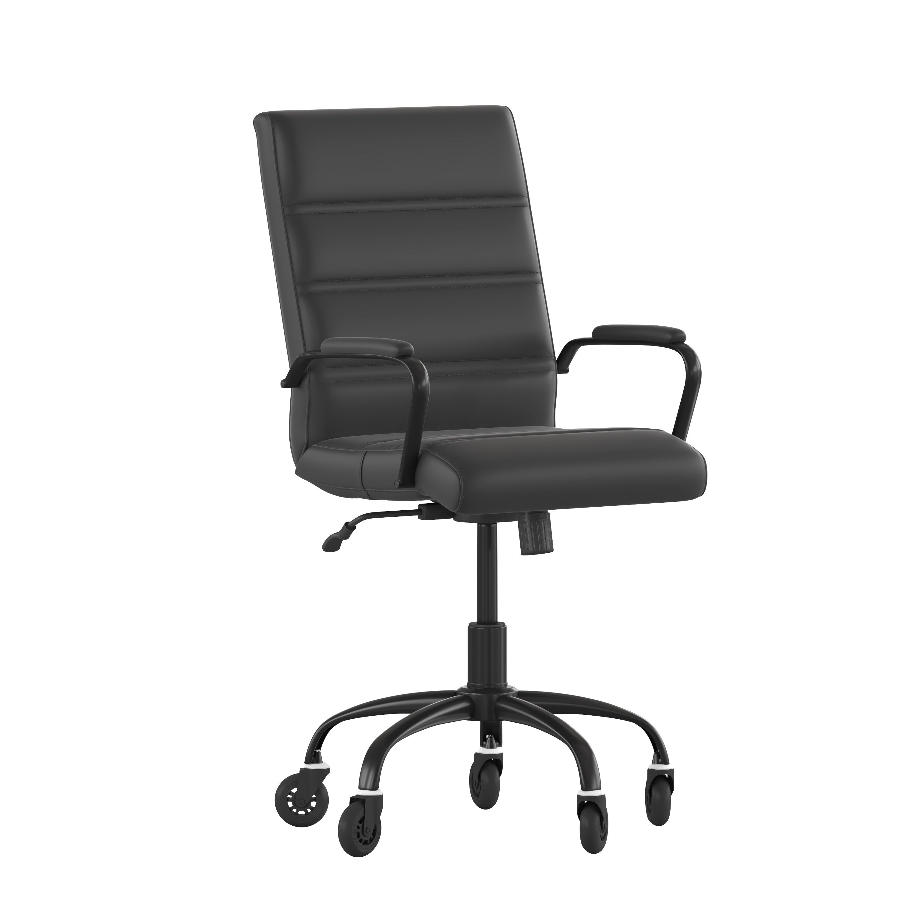 Camilia Mid-Back Black LeatherSoft Executive Swivel Office Chair with Black Frame, Arms, and Transparent Roller Wheels