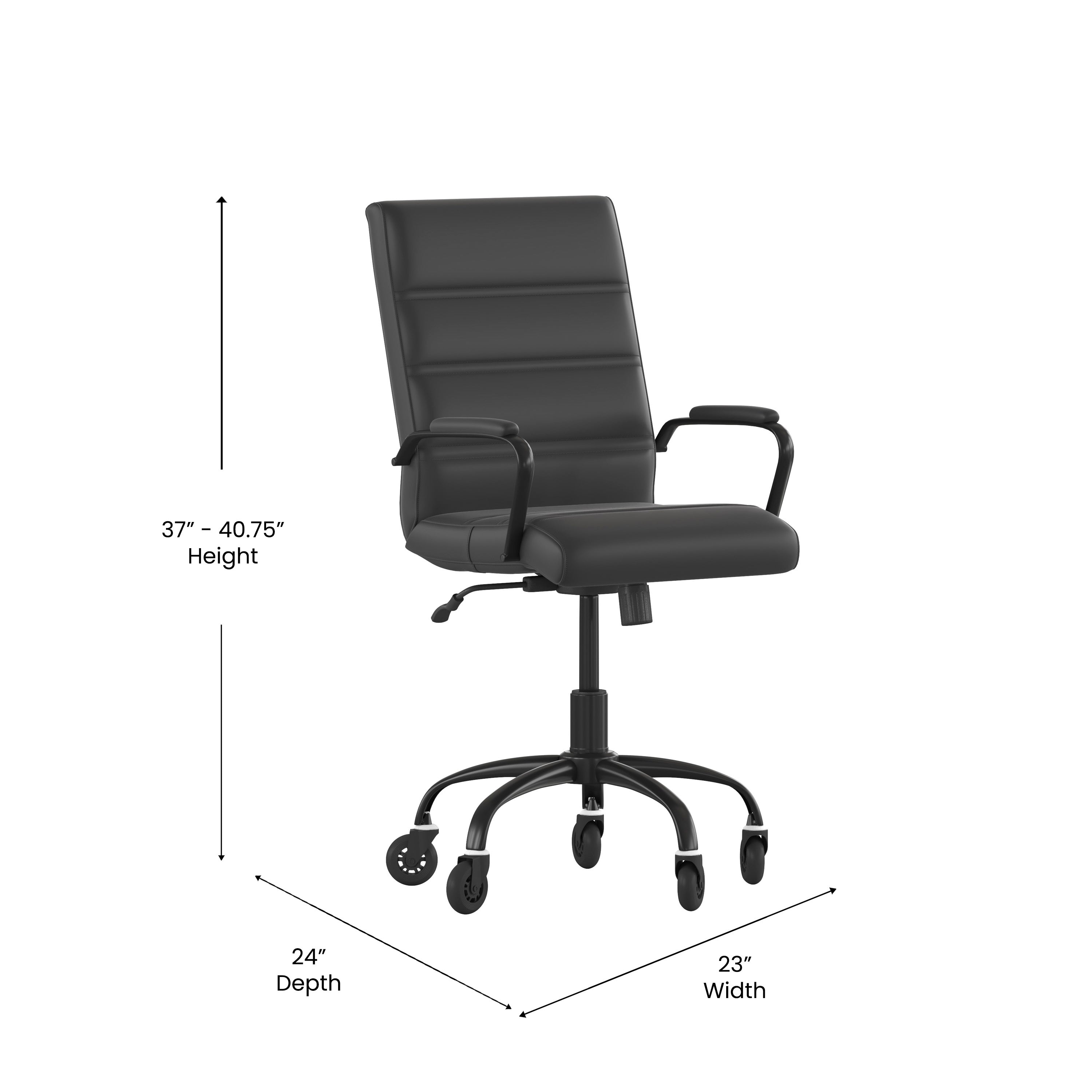 Camilia Mid-Back Black LeatherSoft Executive Swivel Office Chair with Black Frame, Arms, and Transparent Roller Wheels