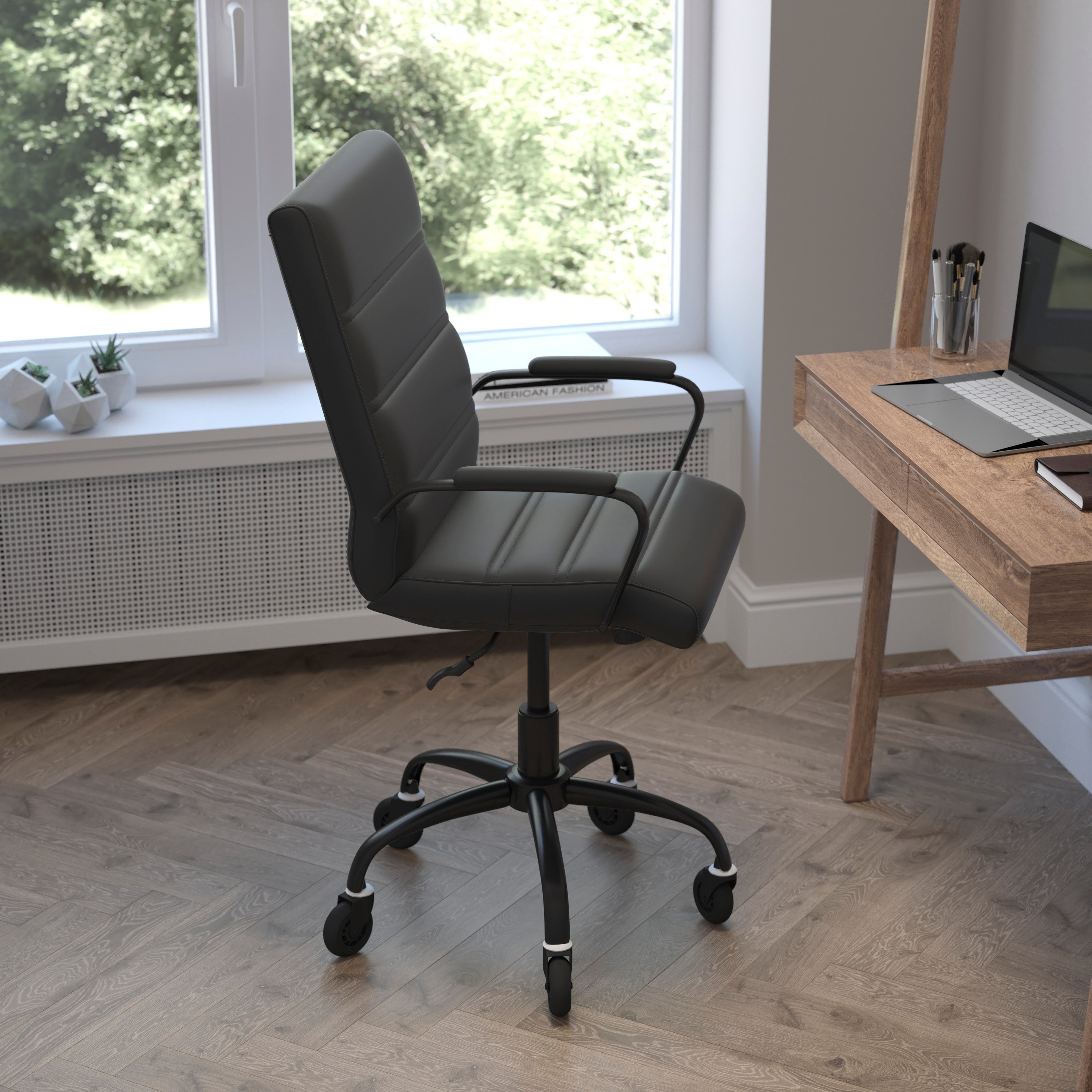 Camilia Mid-Back Black LeatherSoft Executive Swivel Office Chair with Black Frame, Arms, and Transparent Roller Wheels