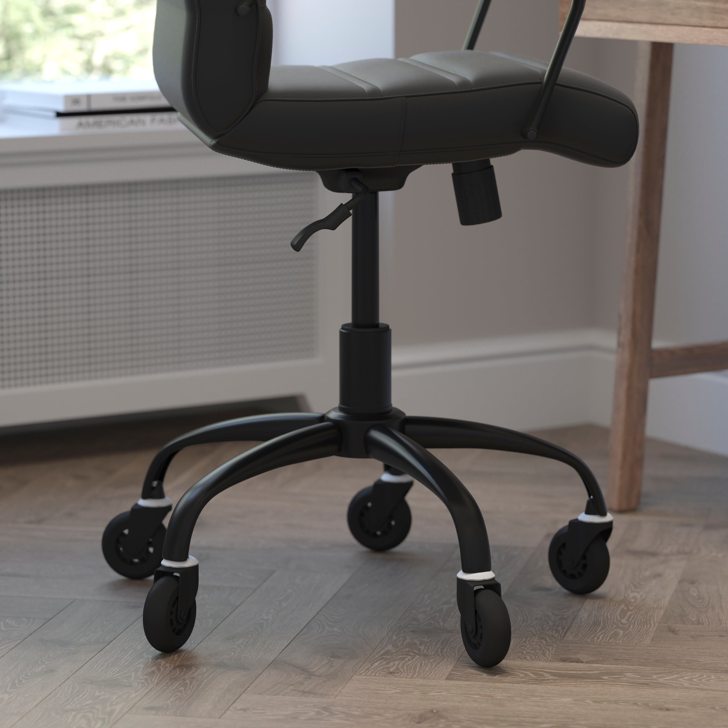 Camilia Mid-Back Black LeatherSoft Executive Swivel Office Chair with Black Frame, Arms, and Transparent Roller Wheels