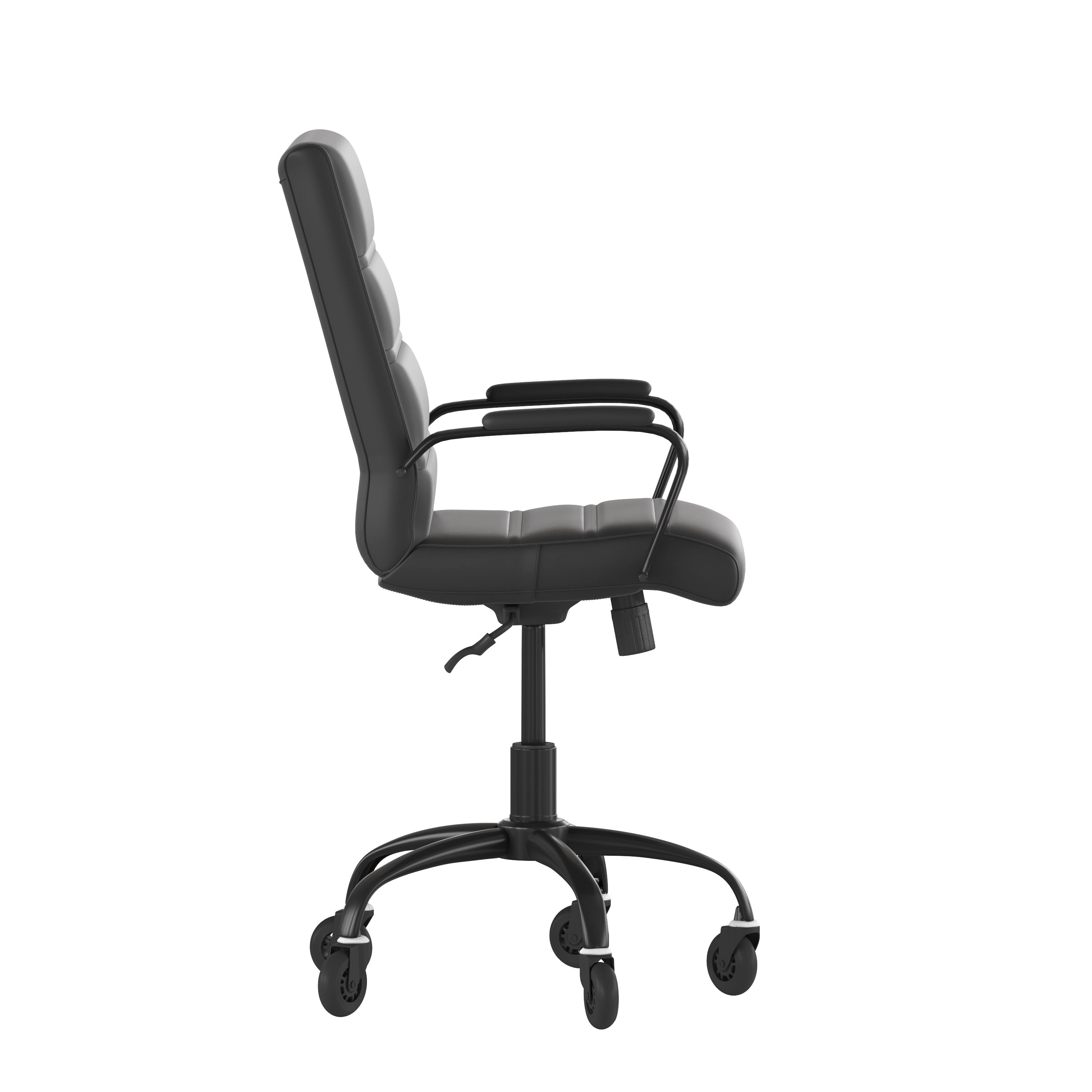 Camilia Mid-Back Black LeatherSoft Executive Swivel Office Chair with Black Frame, Arms, and Transparent Roller Wheels