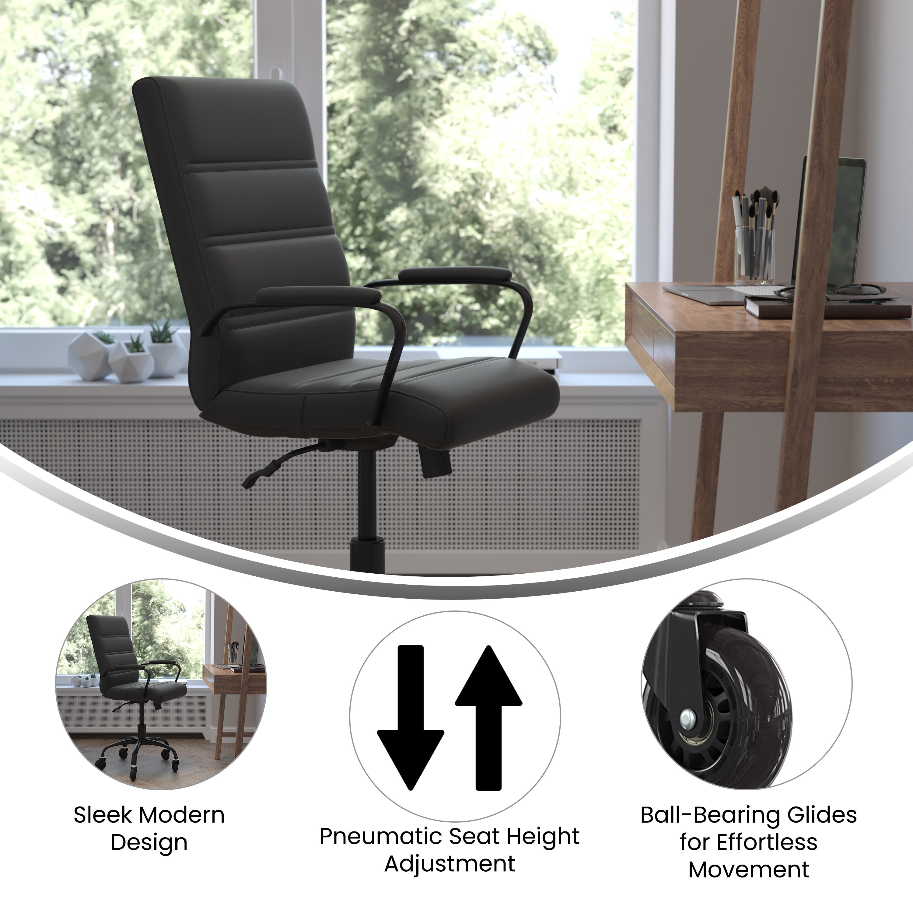Camilia Mid-Back Black LeatherSoft Executive Swivel Office Chair with Black Frame, Arms, and Transparent Roller Wheels