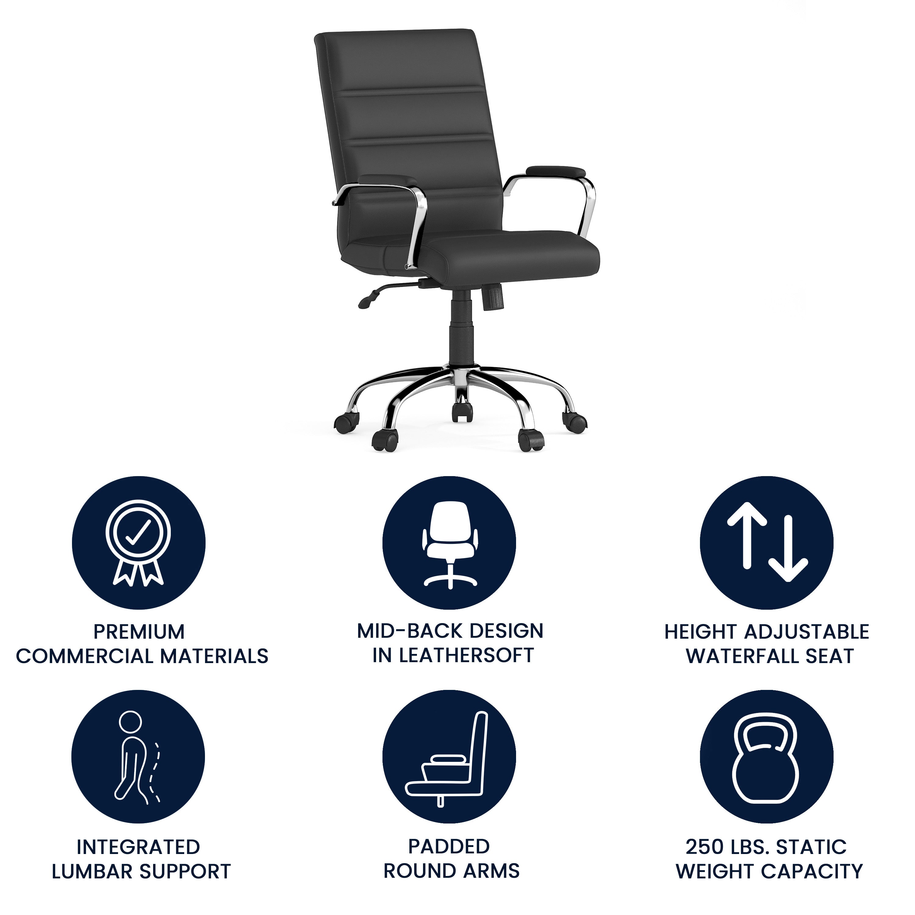 Whitney Mid-Back Black LeatherSoft Executive Swivel Office Chair with Chrome Frame and Arms