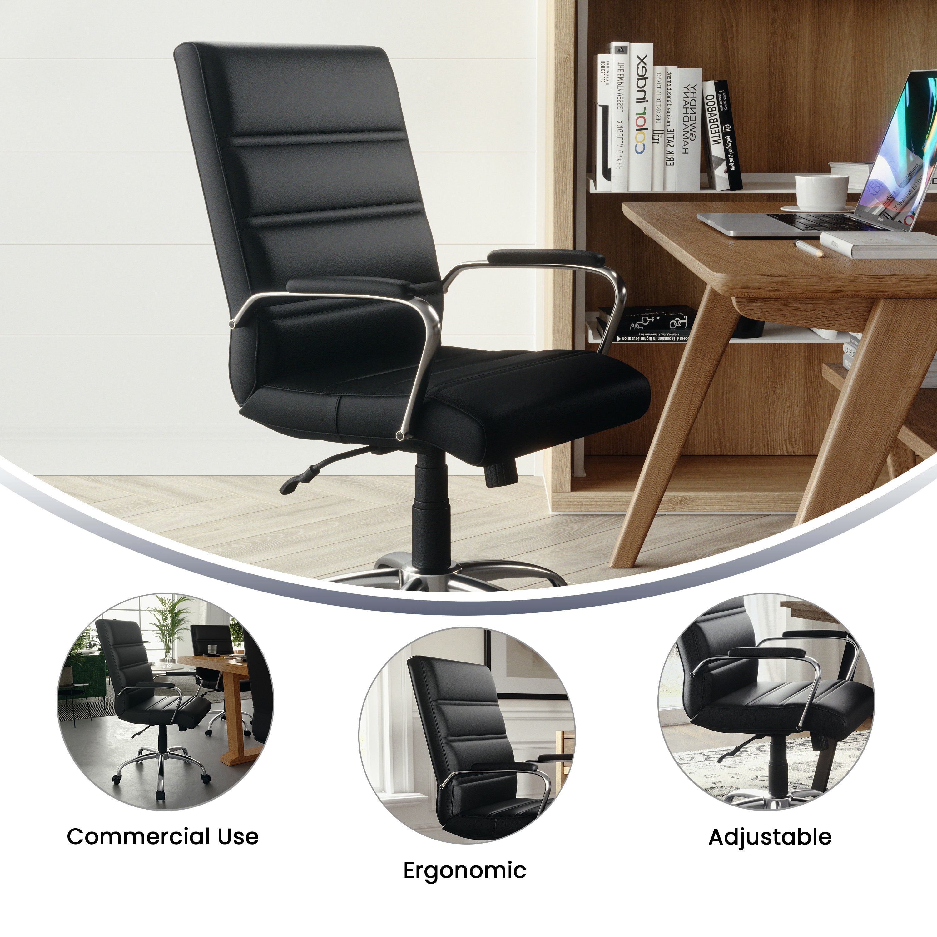 Whitney Mid-Back Black LeatherSoft Executive Swivel Office Chair with Chrome Frame and Arms