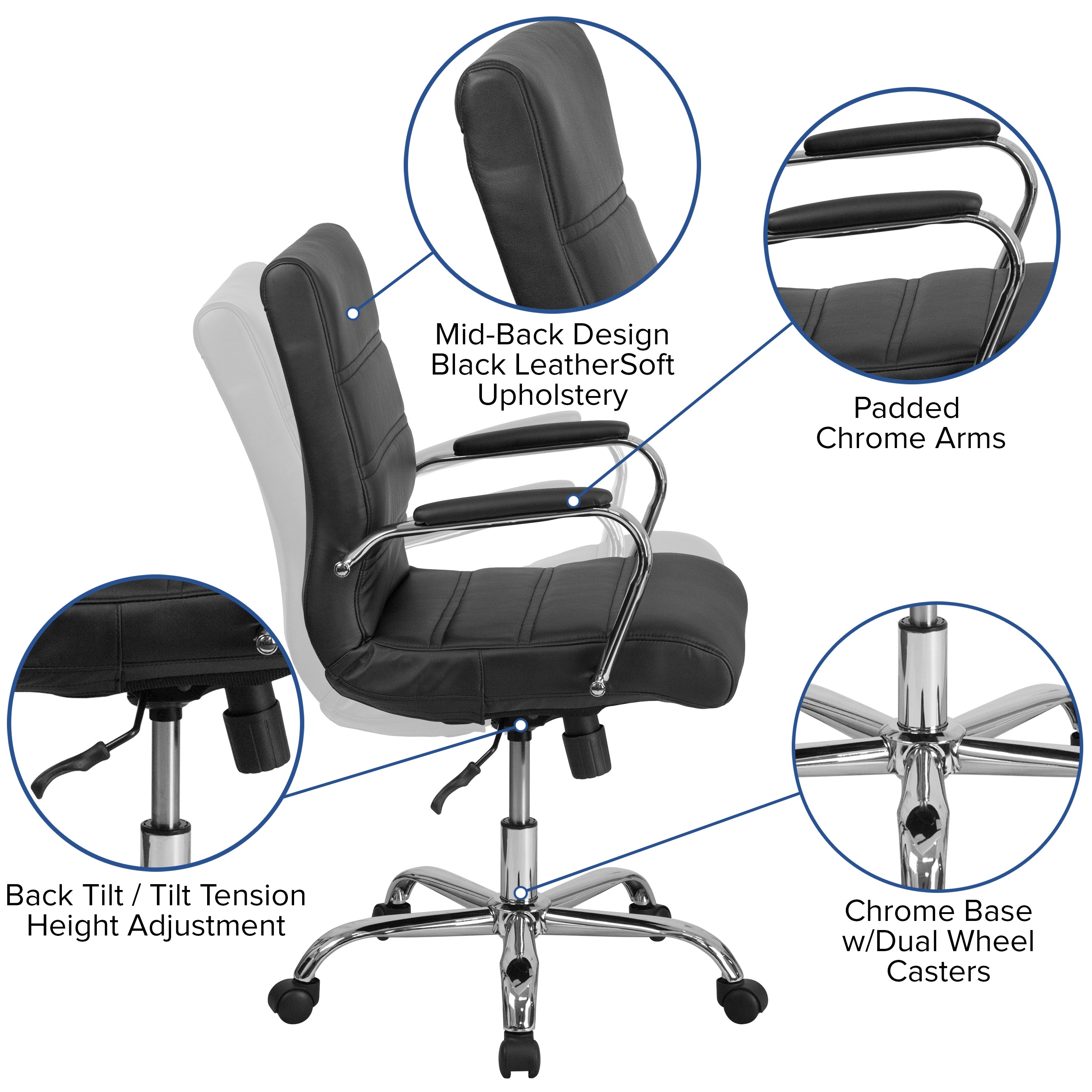 Whitney Mid-Back Black LeatherSoft Executive Swivel Office Chair with Chrome Frame and Arms
